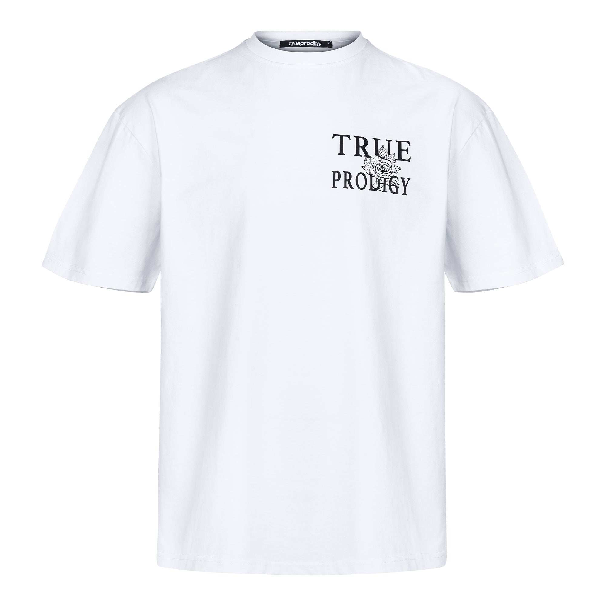 Übergroßes weißes „Alex F“-Trueprodigy-T-Shirt mit kurzen Ärmeln, dem Text „TRUE PRODIGY“ und einer Rosengrafik auf der linken Brustseite, aus weichem Jerseystoff für eine Unisex-Passform gefertigt.