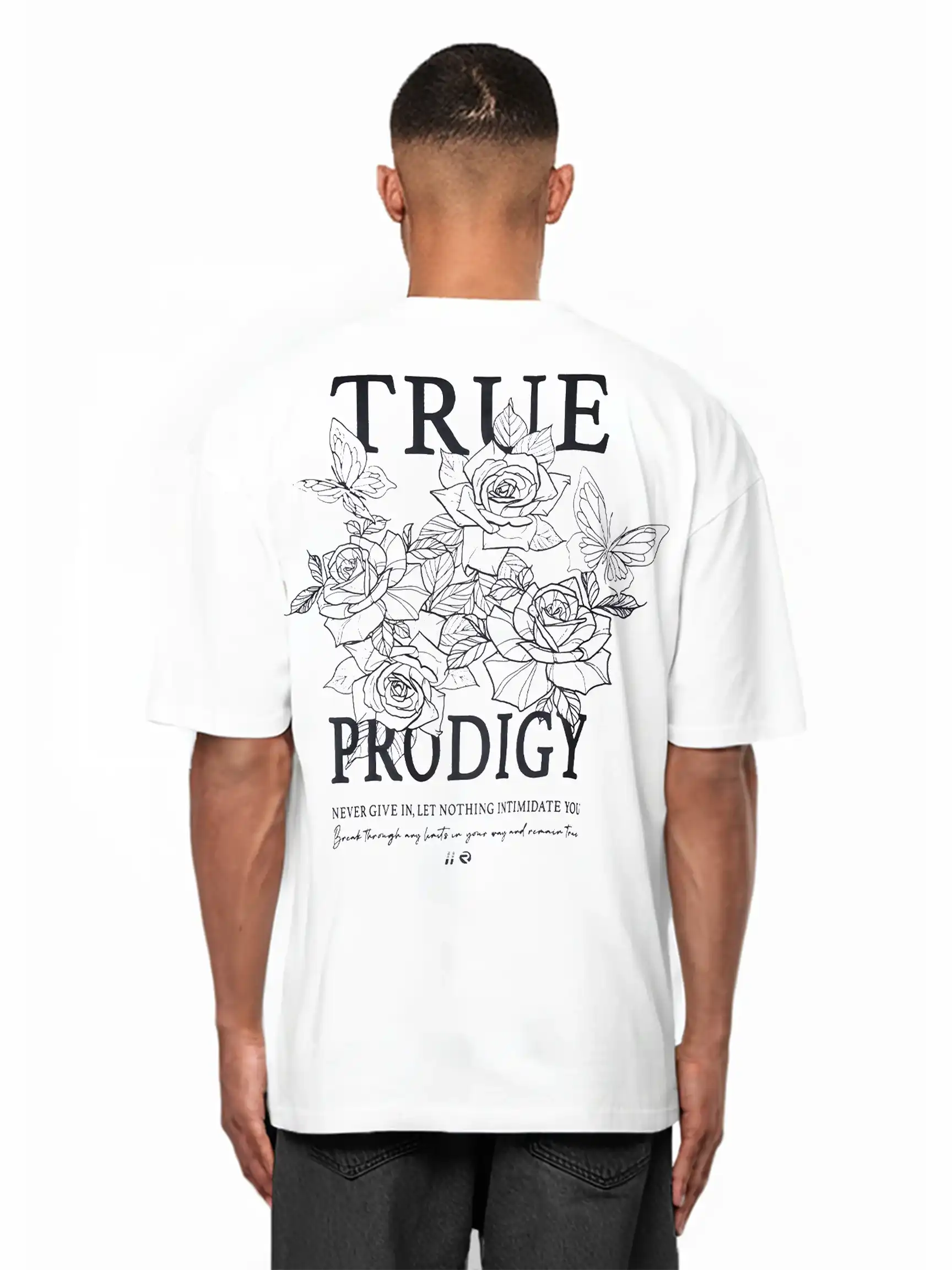 Das trueprodigy Alex Oversize-T-Shirt mit Rosenskizzen und dem trueprodigy-Logo als Vorder- und Rückendruck verbindet einen mutigen Stil mit modernem Komfort.