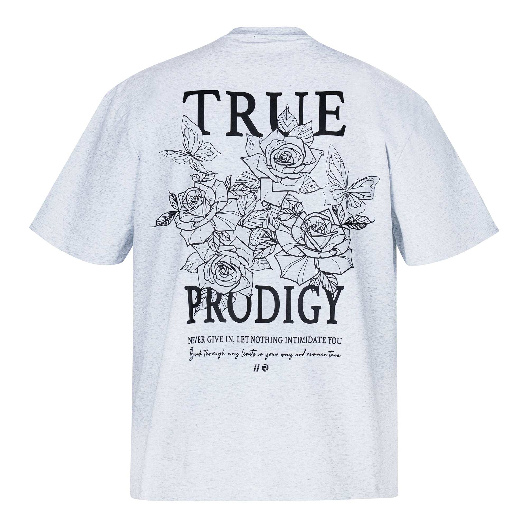 Hellgraues Unisex-T-Shirt mit auffälligem schwarzen „Trueprodigy“-Logo. Verziert mit filigranen schwarzen Rosen, einem Schmetterling und dem Schriftzug: „Gib niemals auf, lass dich von nichts einschüchtern.“ Perfekt für alle, die Individualität und Stil schätzen. (Produktname: Alex F).