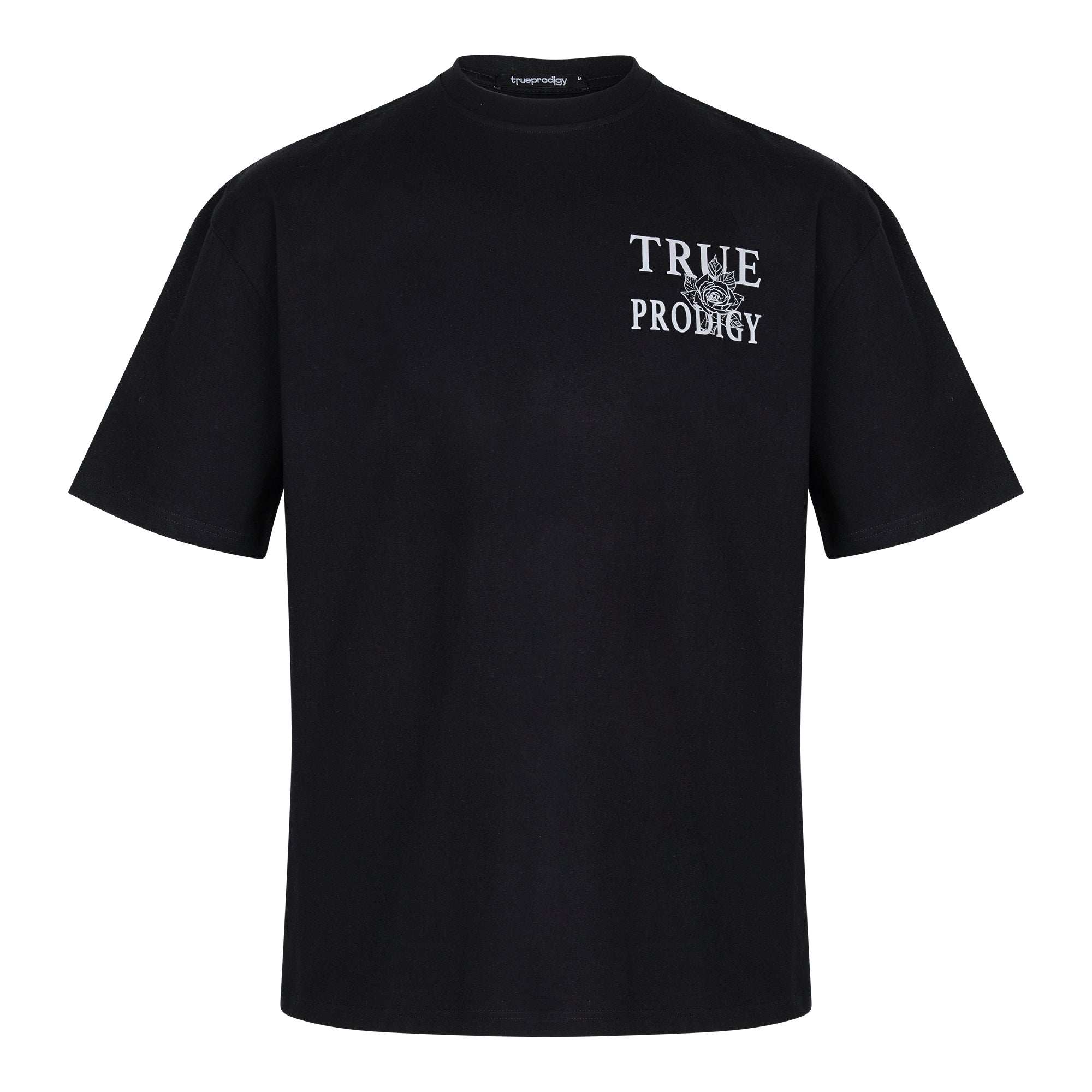 Das schwarze Kurzarm-T-Shirt „Alex“ von trueprodigy für Unisex verfügt über einen weißen „TRUE PRODIGY“-Aufdruck auf weichem Jerseystoff und ein kleines Grafikdesign für einen mühelos coolen Look.