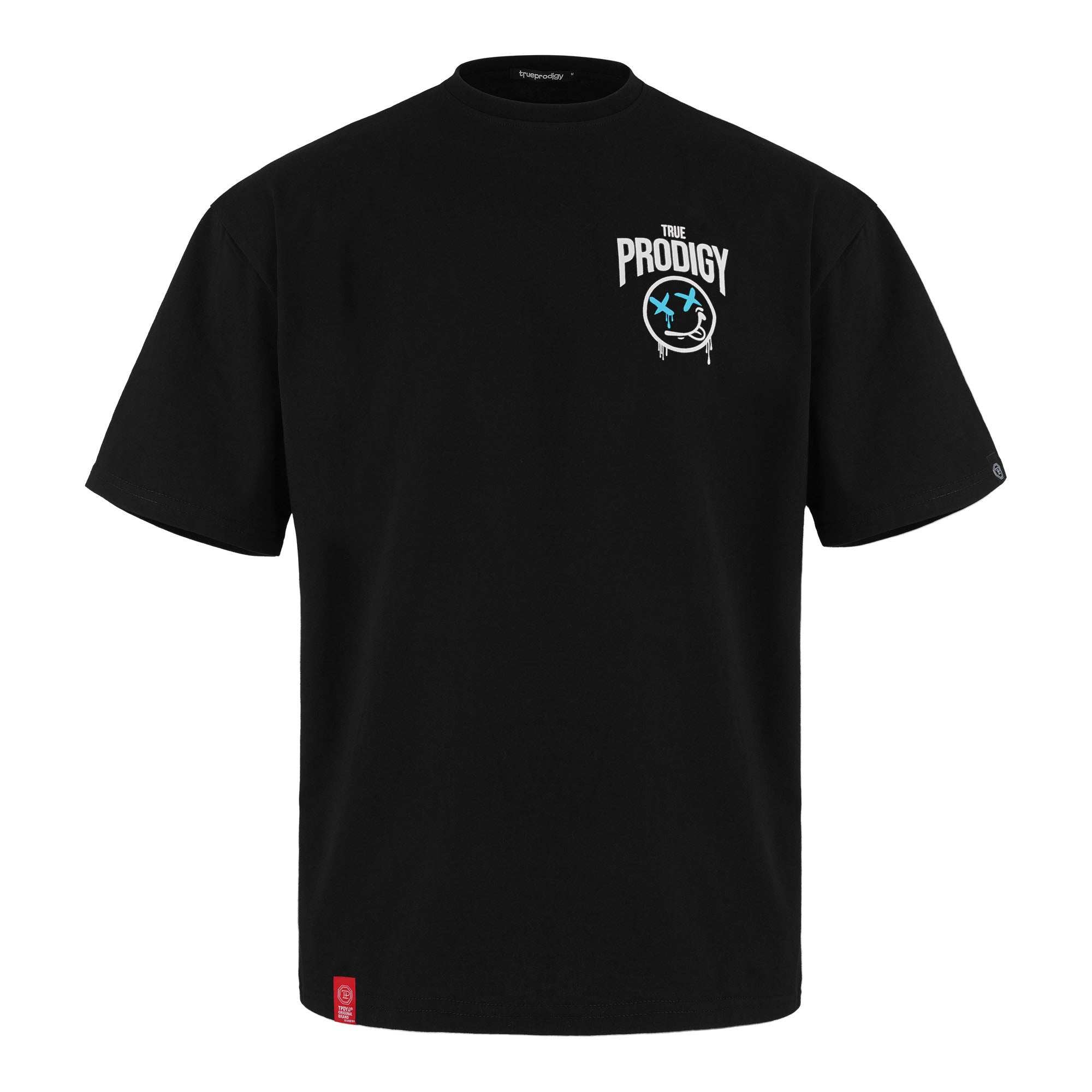 Das „Kenji Oversized T-Shirt mit Druck“ von trueprodigy ist ein schwarzes Unisex-T-Shirt aus schwerem Jersey für eine übergroße Passform mit dem Text „The Prodigy“ und einem kleinen blau-weißen Symbol auf der Brust sowie einem einzigartigen roten Etikett am unteren linken Saum.