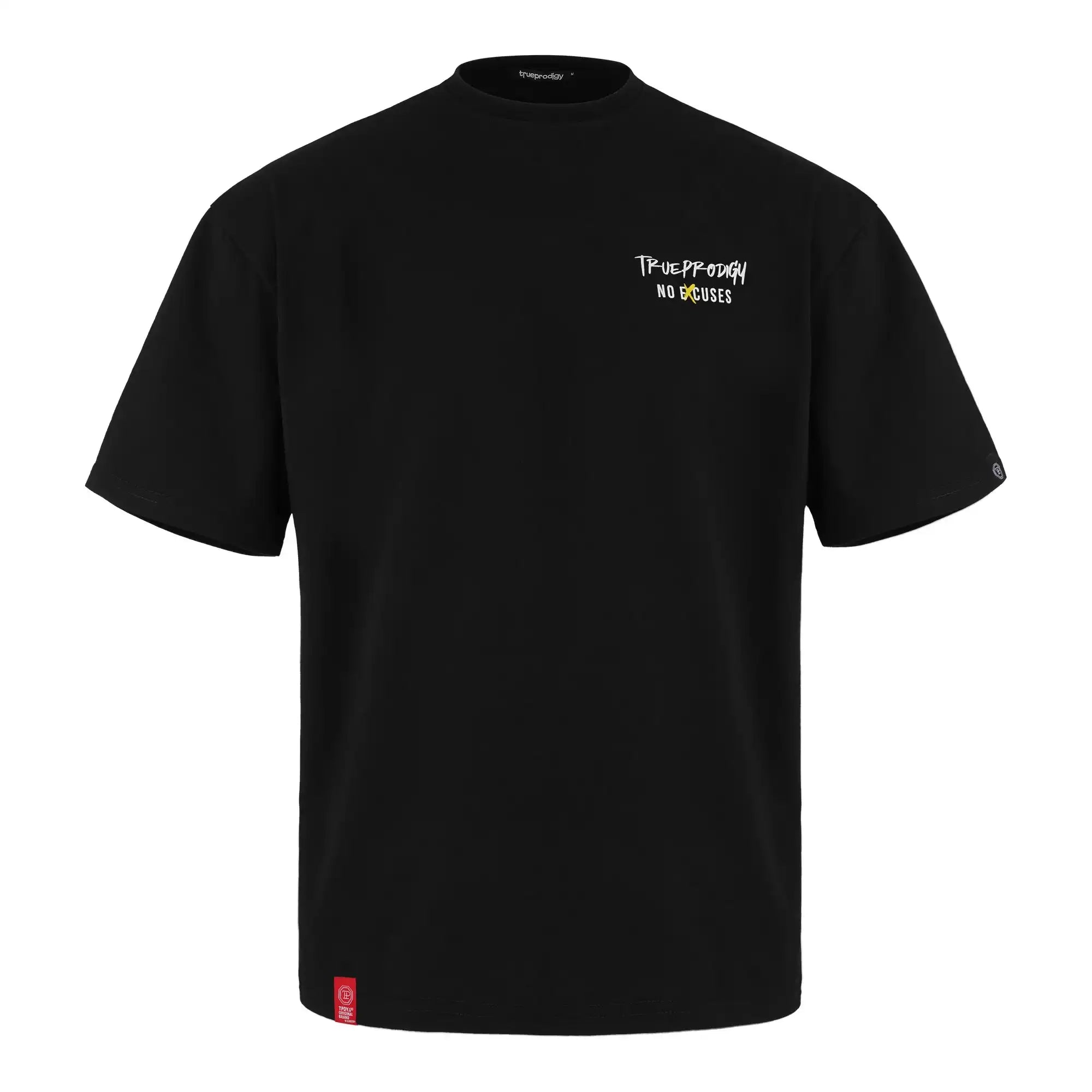 Das trueprodigy Jinx Oversized T-Shirt mit Druck ist ein schwarzes Unisex-T-Shirt mit dem Aufdruck "THE UPPER DECK NO EXCUSES" in weiß und gelb auf der linken Brust, hergestellt aus schwerem Jersey und mit einem kleinen roten Etikett am unteren Saum versehen.