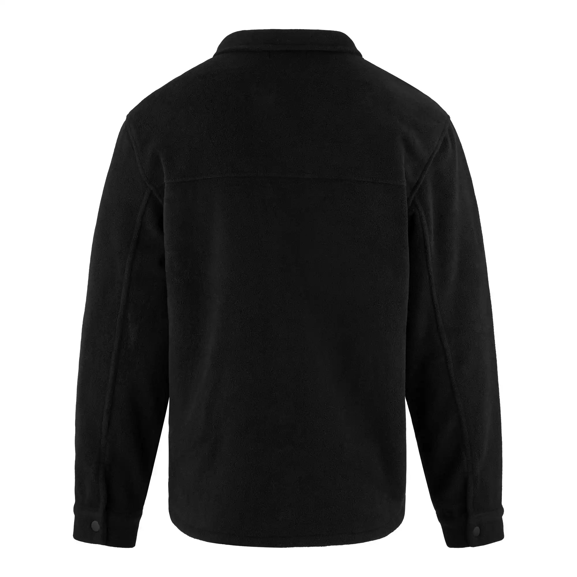 Das schwarze Bill Fleece Oversized Hemd von trueprodigy zeigt sich von hinten mit gerader Passe, Umlegekragen und geknöpften Manschetten. Der weiche, leicht strukturierte Stoff ist der typische trueprodigy-Stil ohne sichtbare Logos oder Muster.