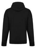 Die Abbildung zeigt die Rückenansicht eines trueprodigy Tobi Oversized Hoodie mit Print. Der Unisex-Kapuzenpulli hat lange Ärmel, ist einfarbig schwarz und wird vor einem weißen Hintergrund gezeigt.