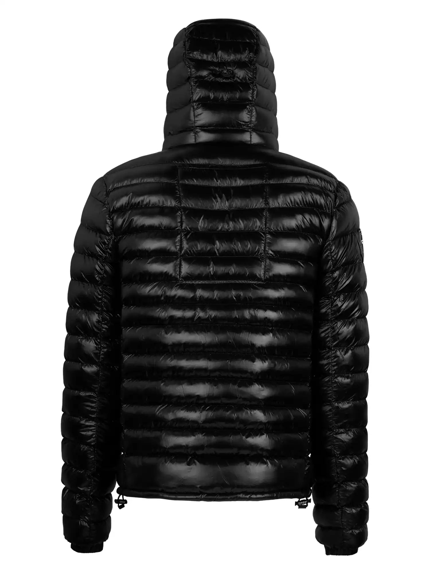 Die trueprodigy Adan Steppjacke mit Kapuze zeigt sich von hinten, mit horizontaler Steppung, hohem wattiertem Kragen, sichtbaren Taillenzügen und wasserabweisender Verarbeitung.