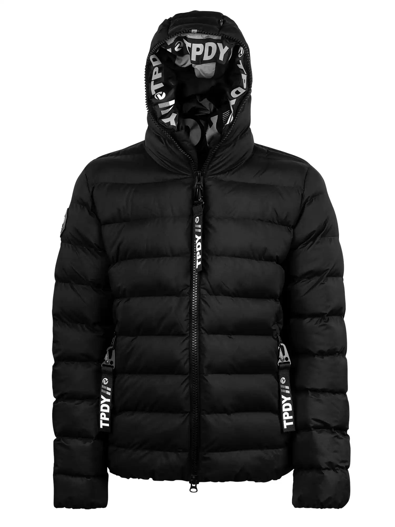 Die schwarze Neo Kurze Pufferjacke mit Logo von trueprodigy für Herren bietet eine Kapuze, Frontreißverschluss mit vertikalem trueprodigy-Branding, horizontale Steppungen und zwei seitliche Reißverschlusstaschen. Wasserabweisend.