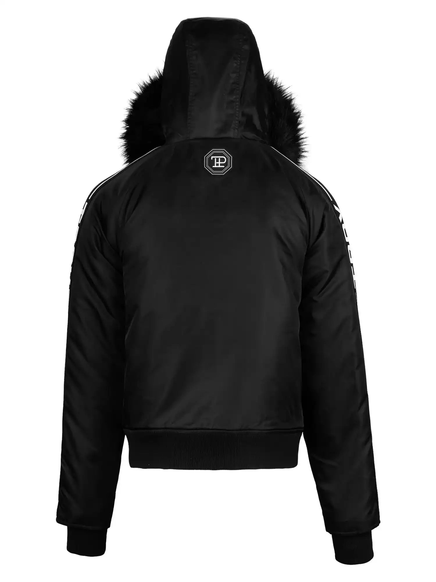 Die Jonathan Bomberjacke mit Kapuze und Kunstfell von trueprodigy hat lange Ärmel, gerippte Bündchen und Saum, ein rundes Logo am oberen Rücken sowie weiße Schrift auf den Ärmeln. Die Jacke wird von hinten präsentiert.