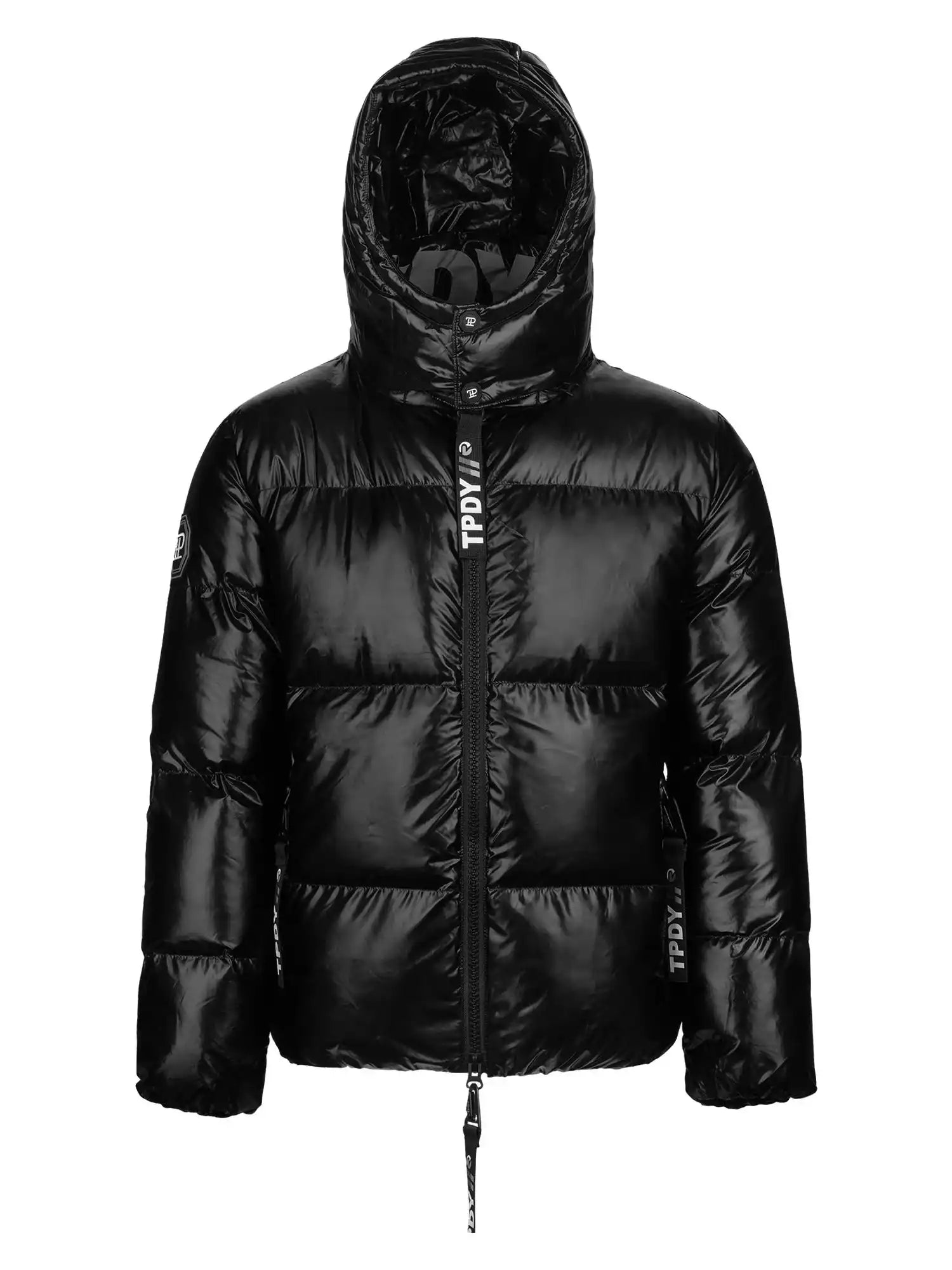 Schwarze TRUEPRODIGY constance Pufferjacke mit glänzendem Finish, Kapuze und Schriftzug TPDY auf Reißverschluss. Modernes Design, winterfest, lässiger Stil. Perfekt für urbane Mode und kalte Tage.