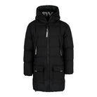 Die trueprodigy Willo F Lange Pufferjacke mit Kapuze ist ein langer, schwarzer, wasserabweisender Damenparka mit Kapuze, Frontreißverschluss, Pattentaschen und weißem TPDY-Print auf den Reißverschlusszügen und im Kragen.