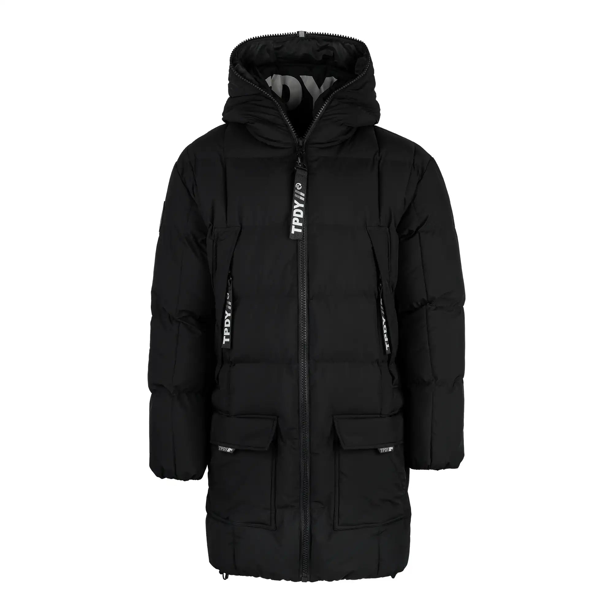 Die trueprodigy Willo F Lange Pufferjacke mit Kapuze ist ein langer, schwarzer, wasserabweisender Damenparka mit Kapuze, Frontreißverschluss, Pattentaschen und weißem TPDY-Print auf den Reißverschlusszügen und im Kragen.