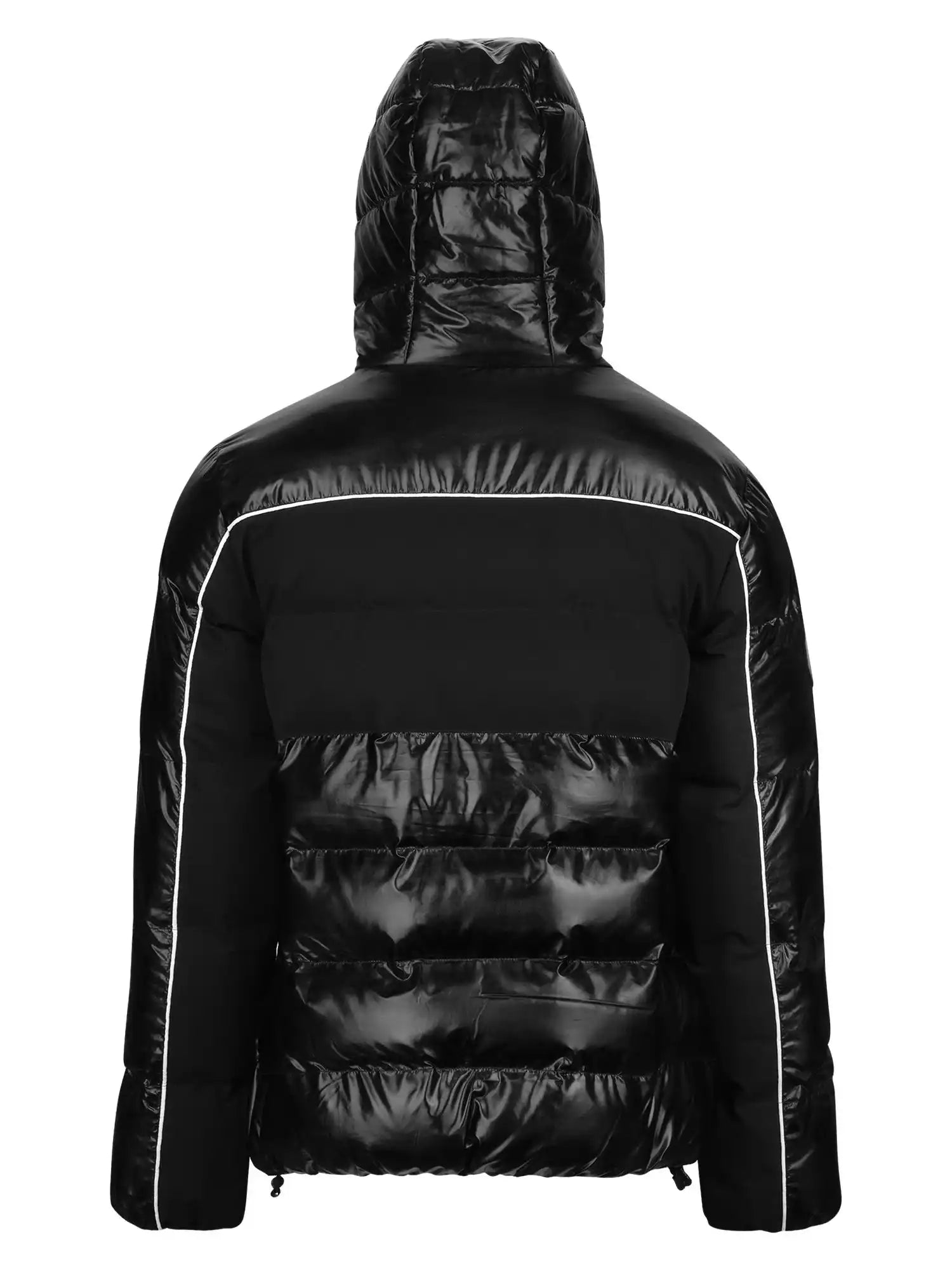 Die Clark Winterjacke mit Kapuze und Logo von trueprodigy ist eine reflektierende, schwarze Herrenjacke mit horizontaler Steppung, weißer Paspelierung an den Nähten und geradem Saum-ideal für kalte Tage.