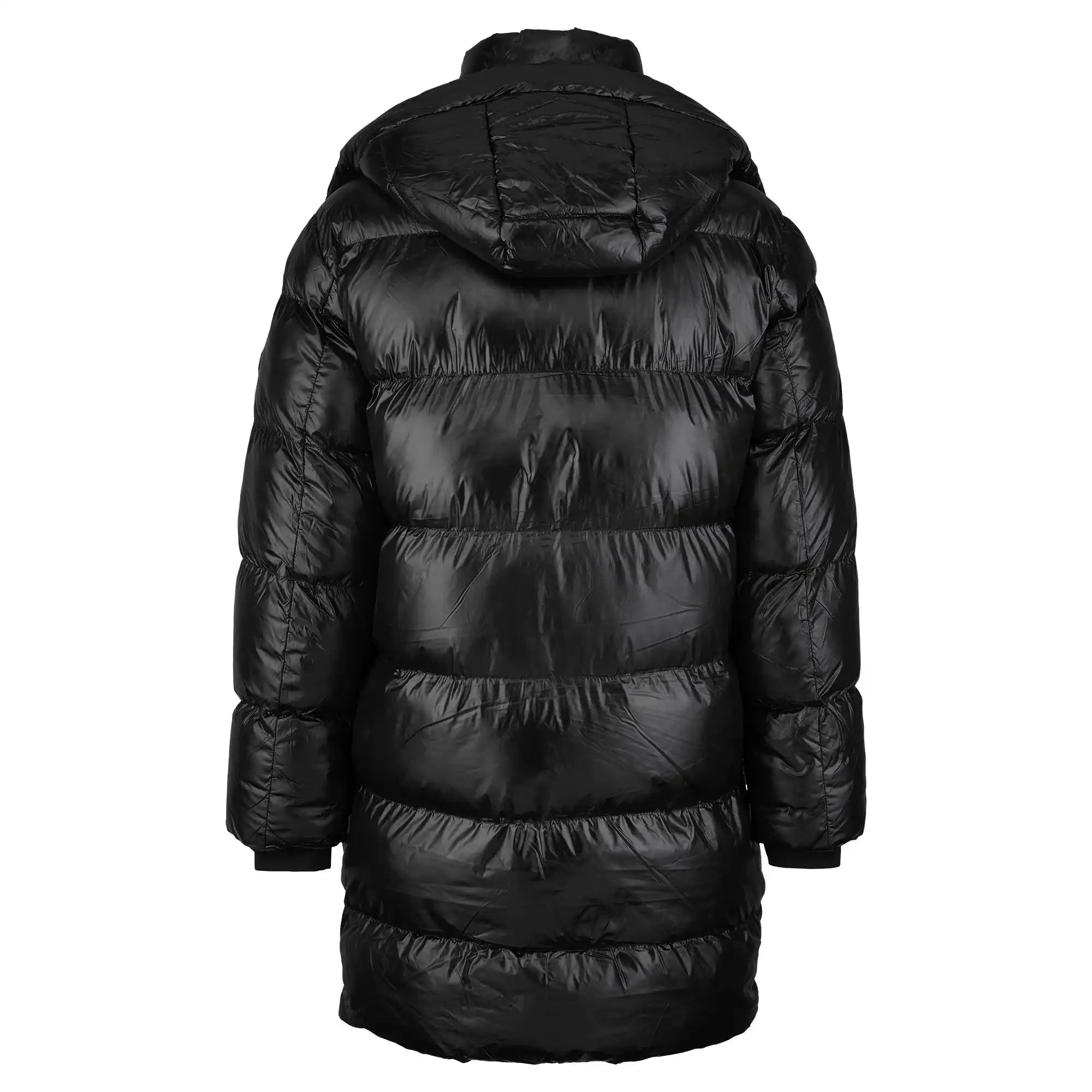 Die trueprodigy Herren Winterjacke mit abnehmbarer Kapuze im Regular Fit ist ein langer, schwarzer Parka in glänzender Optik mit horizontaler Steppung, der hinten gezeigt wird und für zusätzlichen Schutz über die Hüfte reicht.
