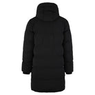 Ein langer schwarzer Damen Parka mit fester Kapuze von trueprodigy im Regular Fit wird von hinten gezeigt. Der Mantel ist wasserabweisend, hat horizontale Steppung, lange Ärmel und reicht bis zur Mitte der Oberschenkel.