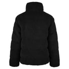 Eine schwarze Damen Winterjacke mit flauschiger Sherpa-Oberfläche im Oversized Fit von trueprodigy wird von hinten auf weißem Hintergrund gezeigt. Die Jacke hat lange Ärmel, einen Stehkragen und sorgt für gemütlichen Tragekomfort.