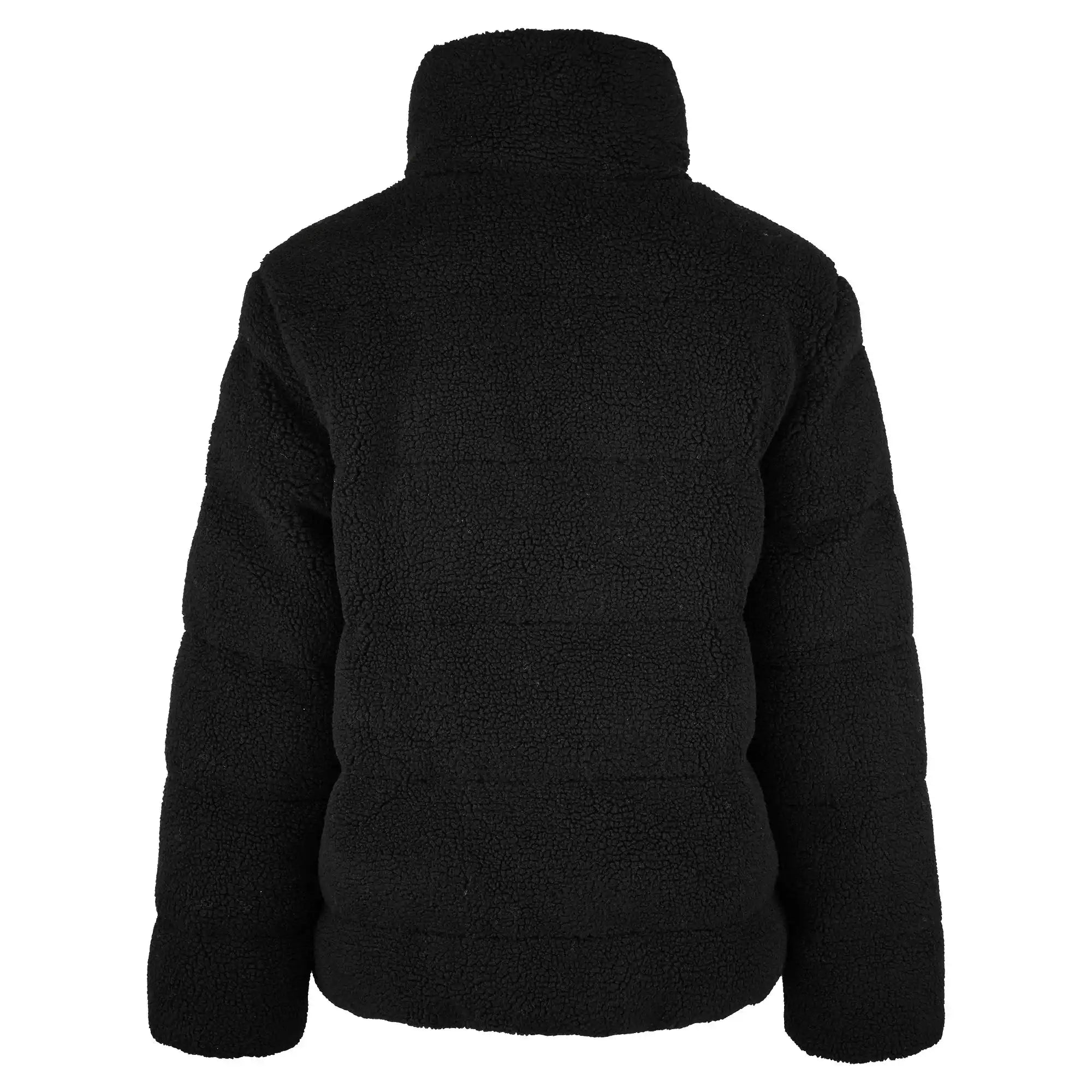 Eine schwarze Damen Winterjacke mit flauschiger Sherpa-Oberfläche im Oversized Fit von trueprodigy wird von hinten auf weißem Hintergrund gezeigt. Die Jacke hat lange Ärmel, einen Stehkragen und sorgt für gemütlichen Tragekomfort.