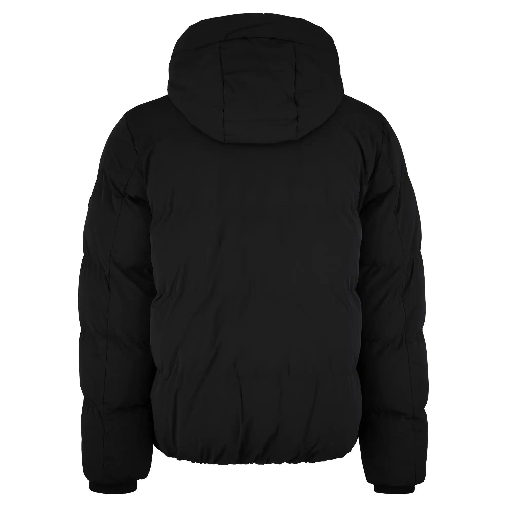 Die trueprodigy Damen Winterjacke mit fester Kapuze im Oversized Fit ist von hinten zu sehen. Die schwarze Jacke besitzt lange Ärmel, sichtbare Steppnähte, elastische Bündchen und einen schlichten weißen Hintergrund.