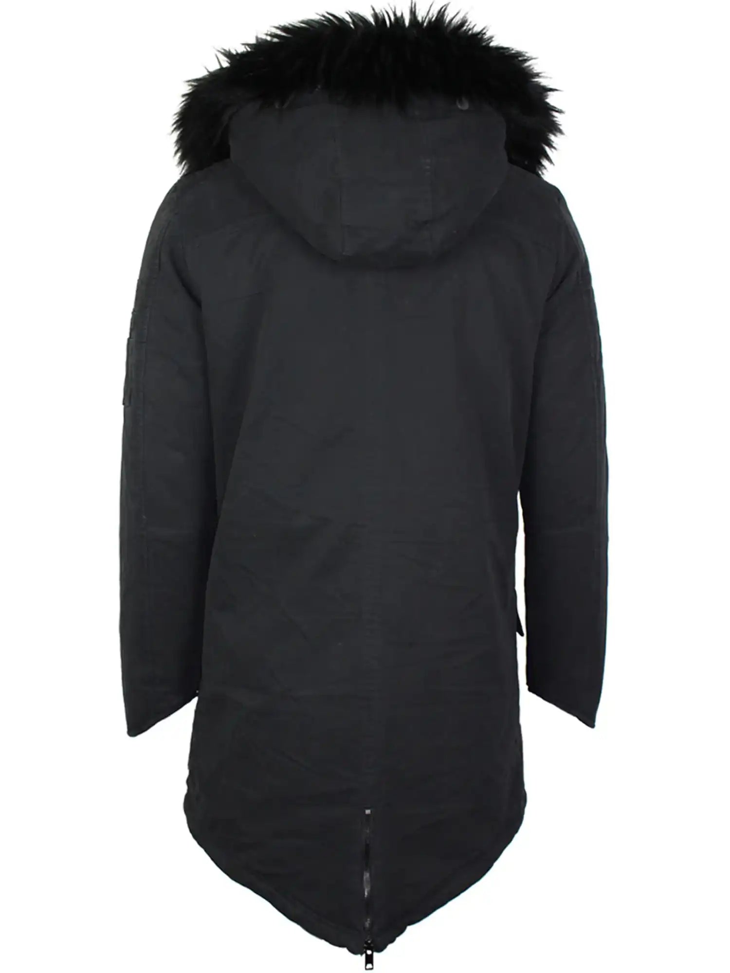 Die trueprodigy Harvey F Damenparka mit Kapuze und Kunstfell in Schwarz ist eine schmal geschnittene Damenjacke mit langen Ärmeln, abnehmbarer Kapuze, Faux-Fur-Besatz und einem etwas längeren, geschwungenen Rückensaum - hier von hinten gezeigt.