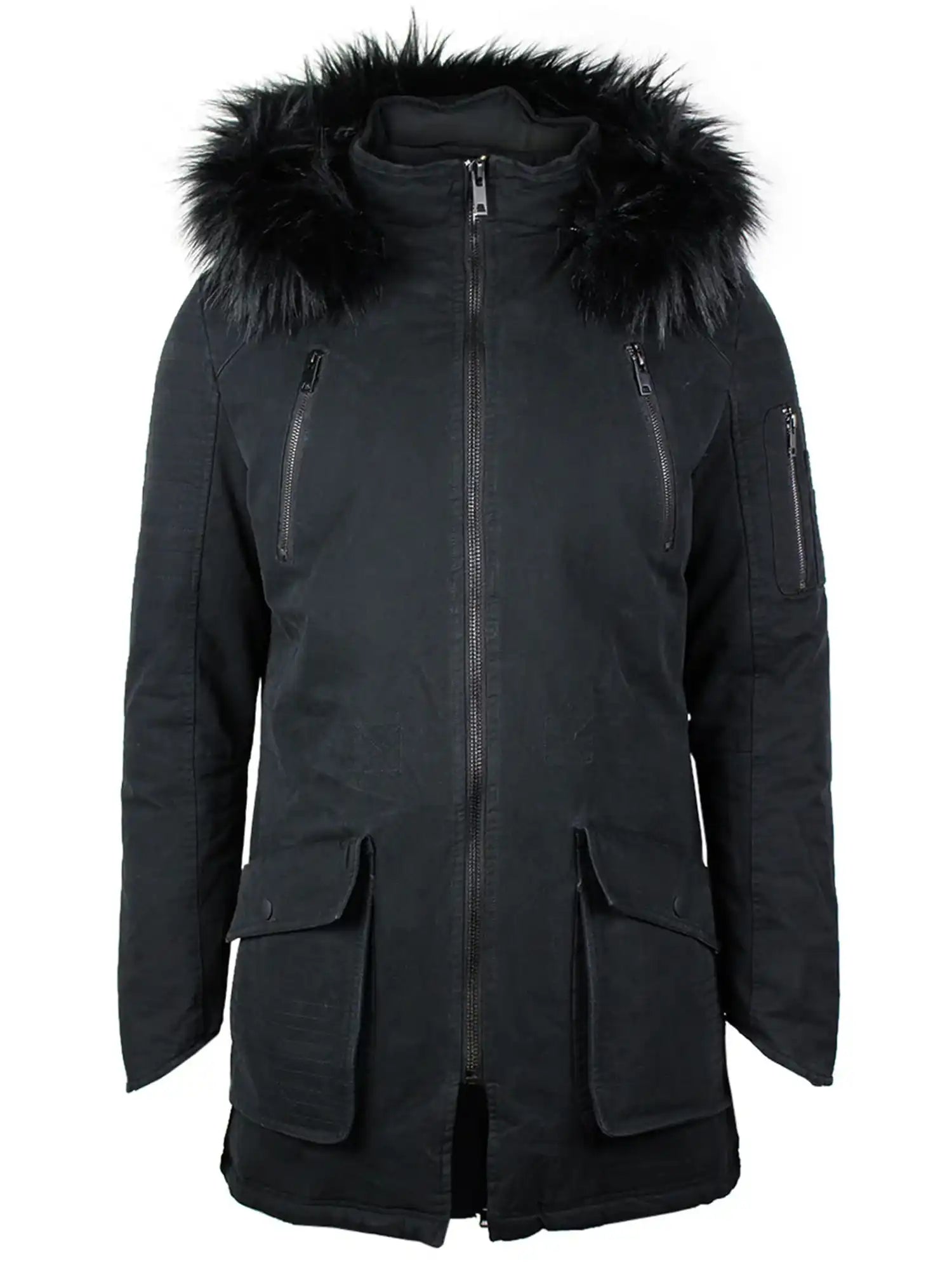 Der trueprodigy Harvey Parka mit Kapuze und Kunstfell ist ein schwarzer Herrenmantel mit Frontreißverschluss, Brusttaschen mit Reißverschluss, großen Pattentaschen, Armtasche und abnehmbarer Kapuze mit schwarzem Kunstfell. Er hat eine gerade, lange Passform.