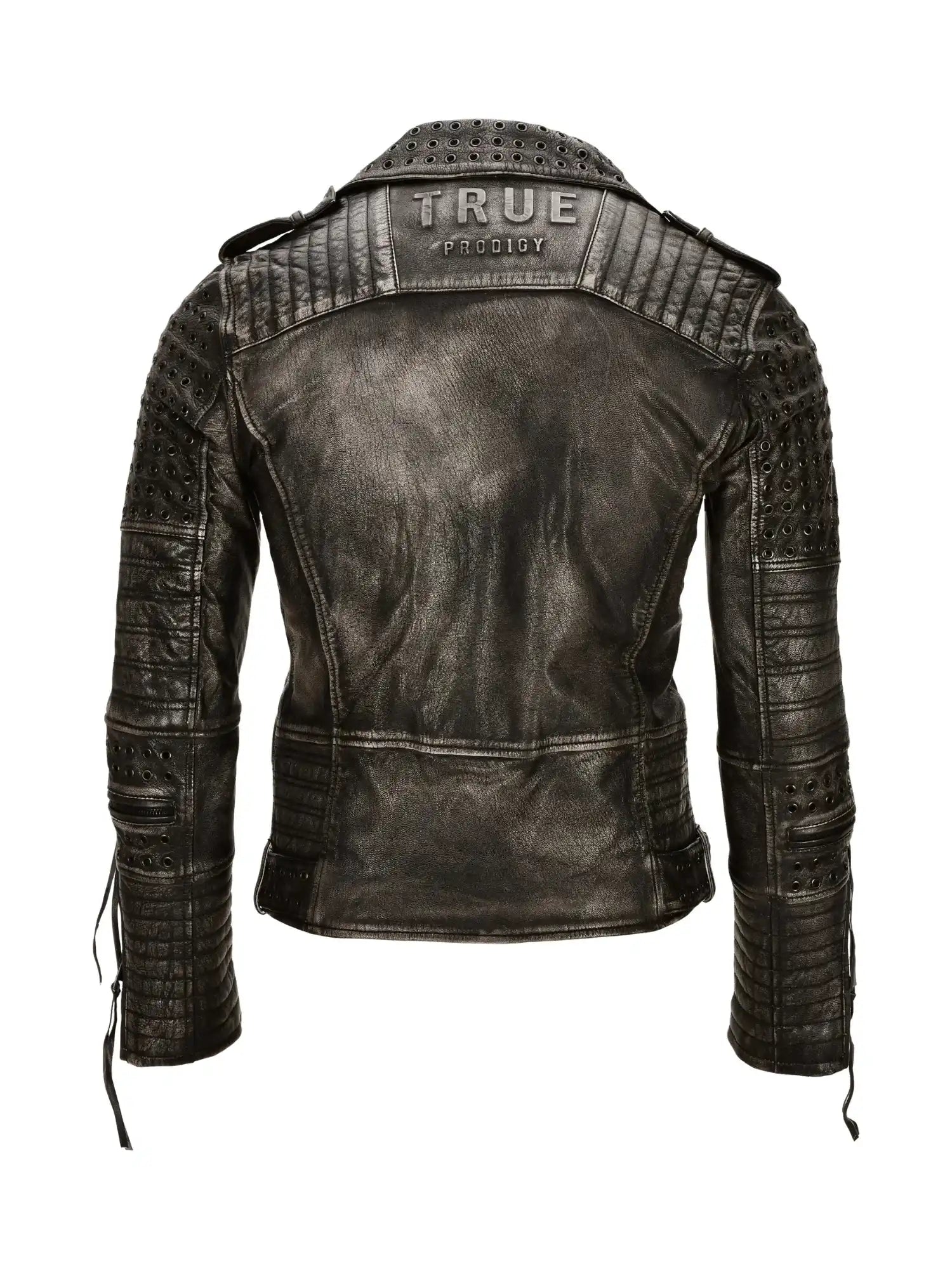 Die Geralt Vintage Lederjacke mit Ösen von trueprodigy ist eine schwarze Lederjacke in Rückenansicht mit gesteppten Einsätzen, perforierten Schulter- und Armteilen und einer "trueprodigy"-Prägung auf dem oberen Rücken.