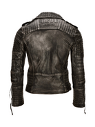 Die Trueprodigy Geralt Vintage Lederjacke mit Ösen in Schwarz wird von hinten gezeigt und verfügt über gesteppte und strukturierte Einsätze, Ziernähte und geprägten TRUE PRODIGY-Schriftzug für einen mutigen Biker-Look.