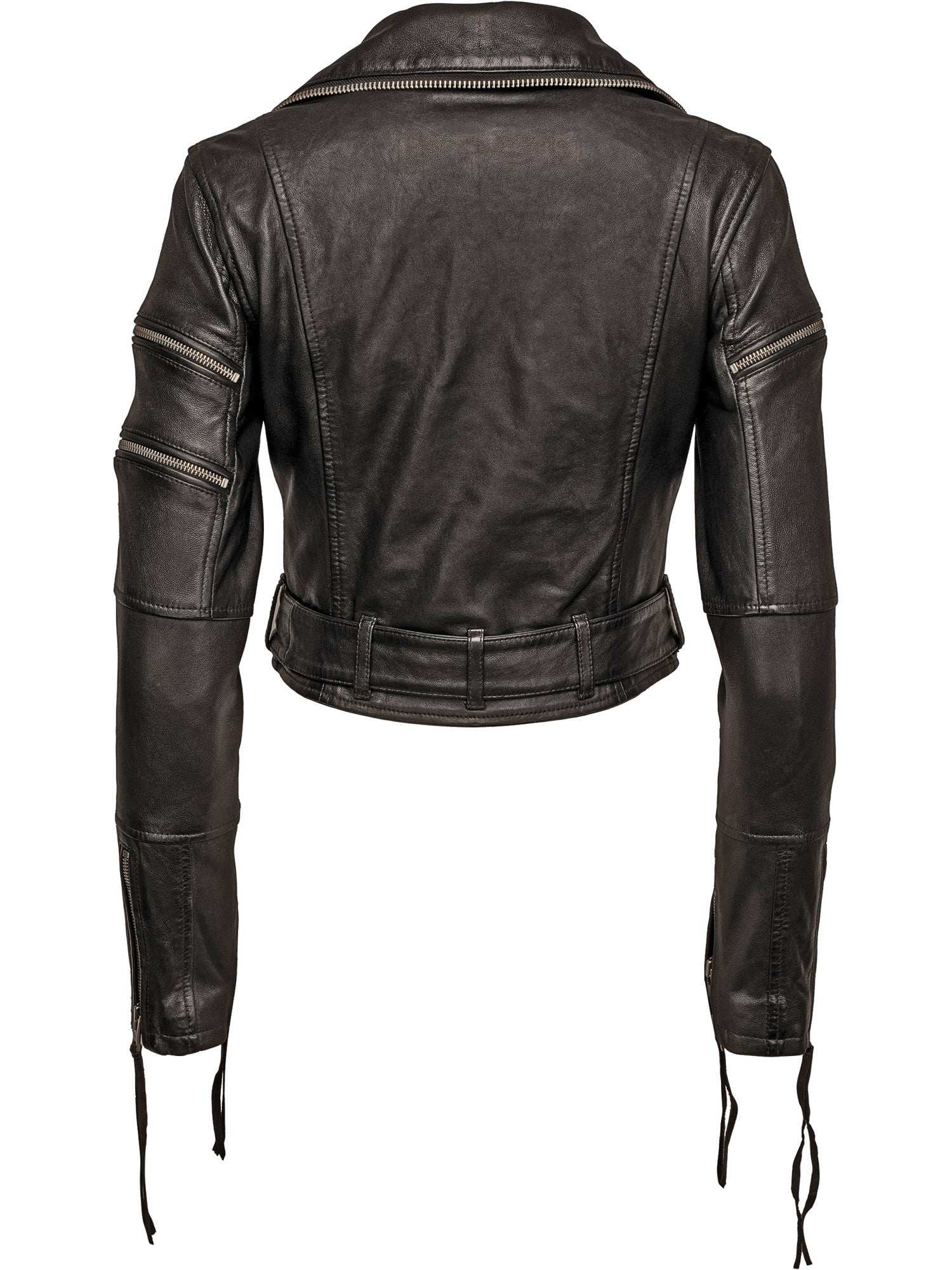 Die Bikerlederjacke mit Gürtel von trueprodigy für Damen ist aus schwarzem Schafsleder gefertigt und zeigt Zipper-Details an den Ärmeln, einen cropped Bund mit Gürtelschlaufen sowie sichtbare Nähte für einen strukturierten Look.