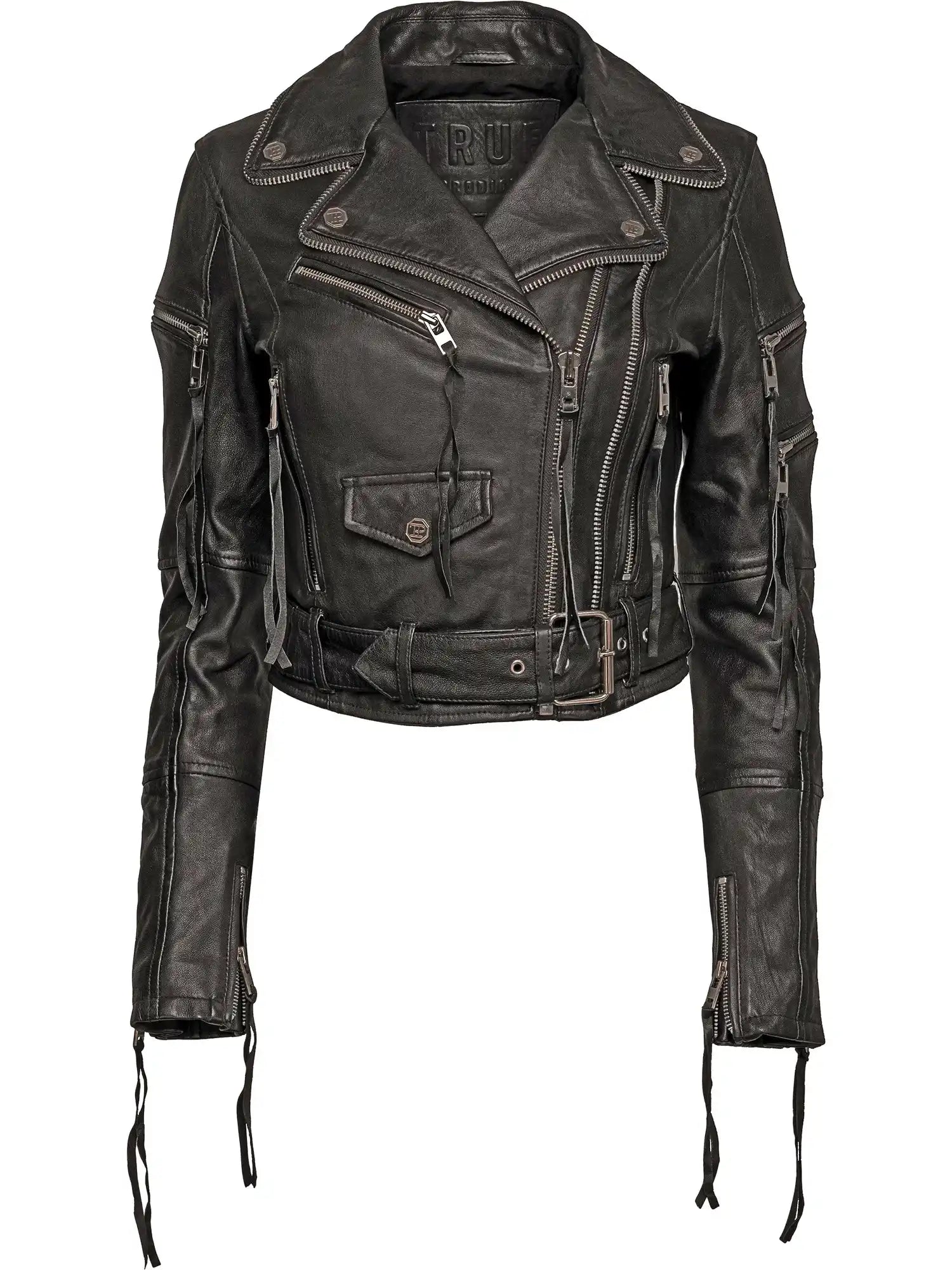 Die Izzy Bikerlederjacke mit Gürtel von trueprodigy aus hochwertigem Schafsleder bietet mehrere Reißverschlüsse, Knopfdetails sowie lange Ärmel mit Zipper- und Riemenakzenten.