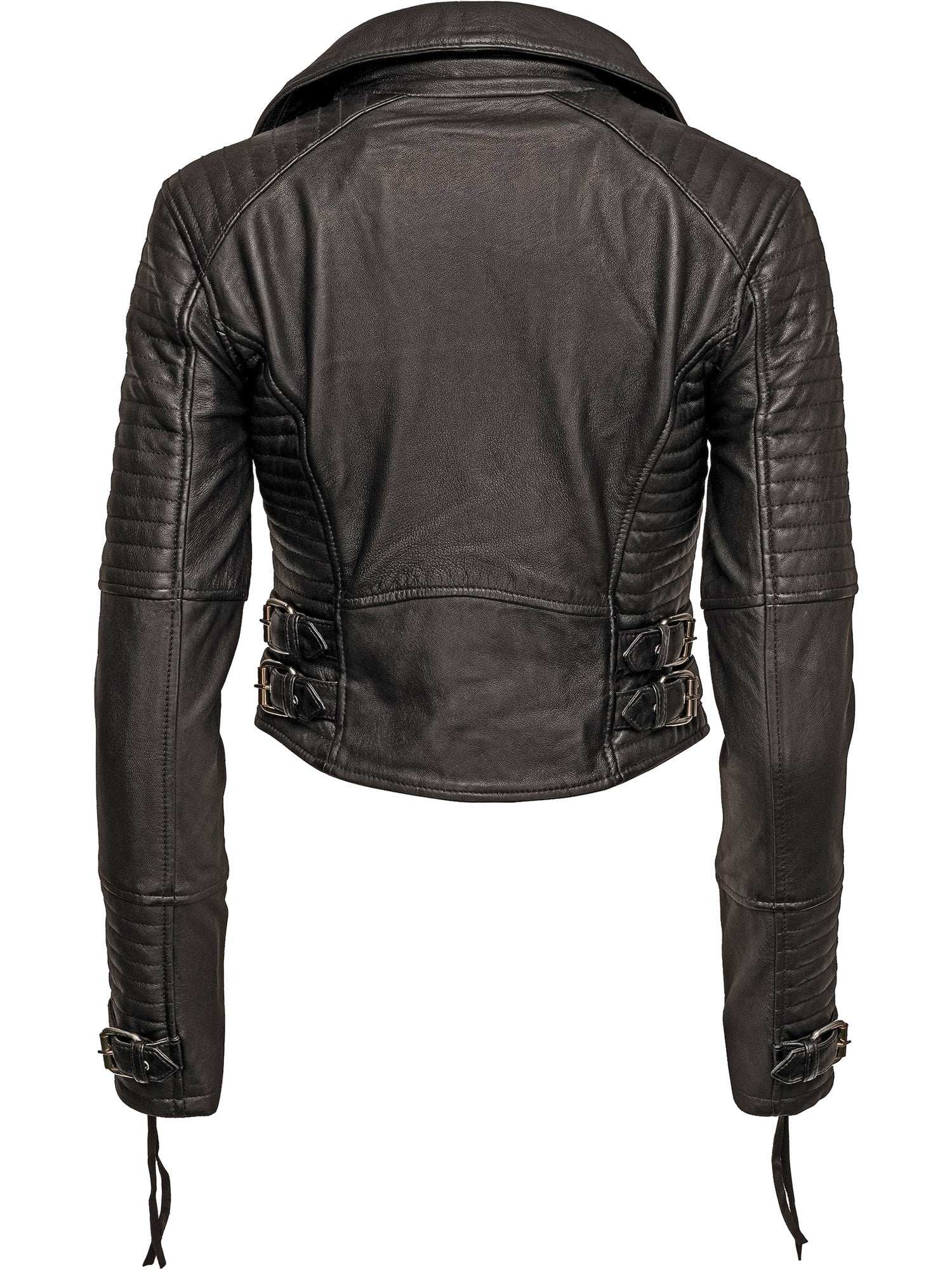 Die Bikerlederjacke mit Schnallen von trueprodigy aus schwarzem Schafsleder zeigt sich von hinten mit gesteppten Schultern und Oberarmen, verstellbaren Seitenschnallen und Zippern an den Ärmeln im angesagten Biker-Look.