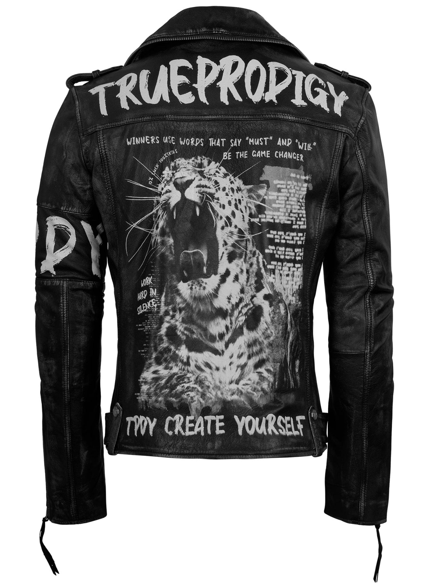 Die Biker Lederjacke Herren "Russell" von trueprodigy aus schwarzem Ziegenleder besticht durch ein auffälliges weißes Branding und einen auffälligen Leoparden-Rückenprint mit Graffiti-Akzenten für einen auffälligen Look.