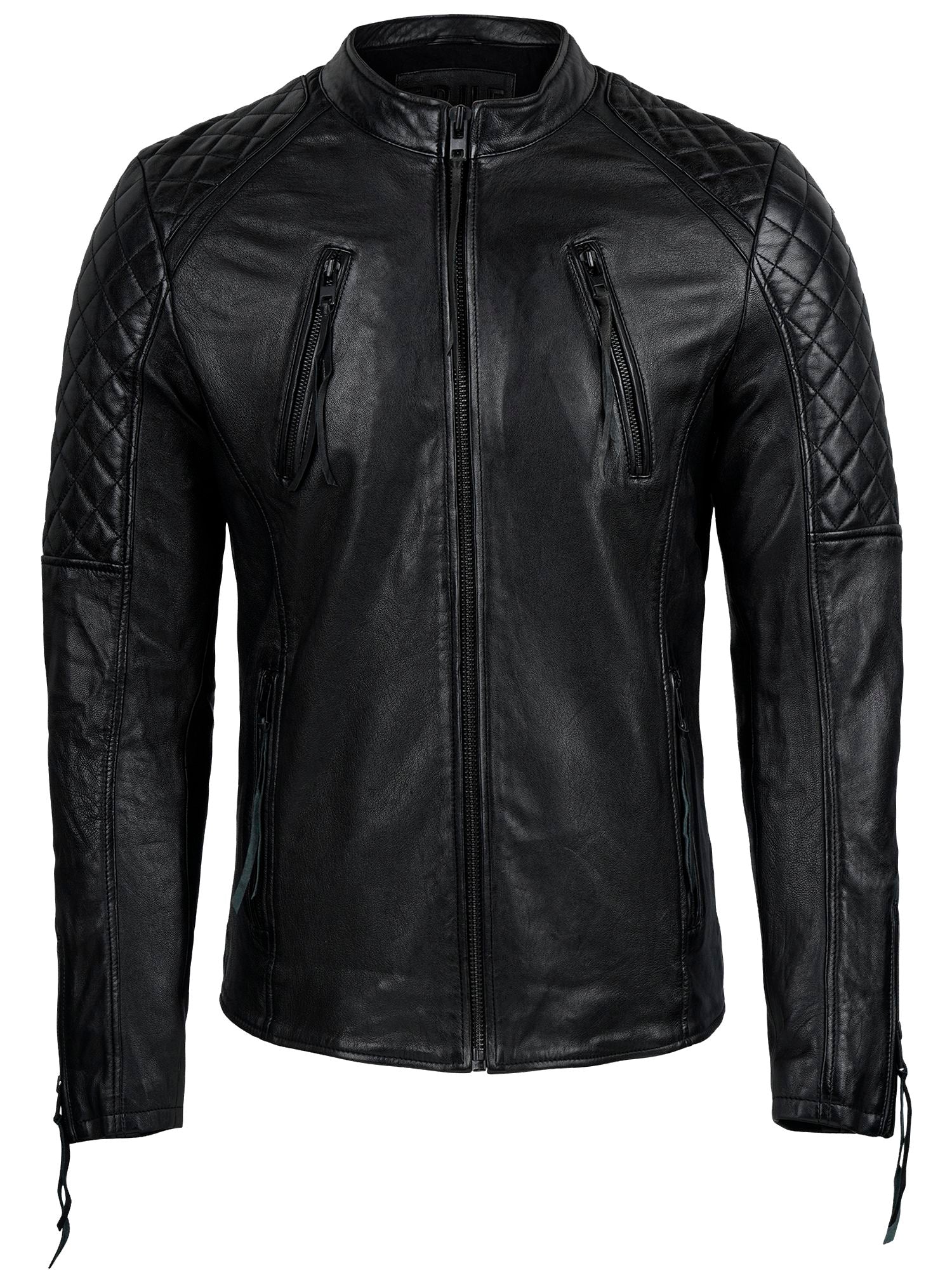 Die trueprodigy Racing Lederjacke Herren "Franky" in schwarzem Schafsleder verfügt über einen Frontreißverschluss, gesteppte (Rautensteppung) Schultern und Oberärmel, sowie vier vertikale Reißverschlusstaschen - zwei auf der Brust und zwei am Bund.