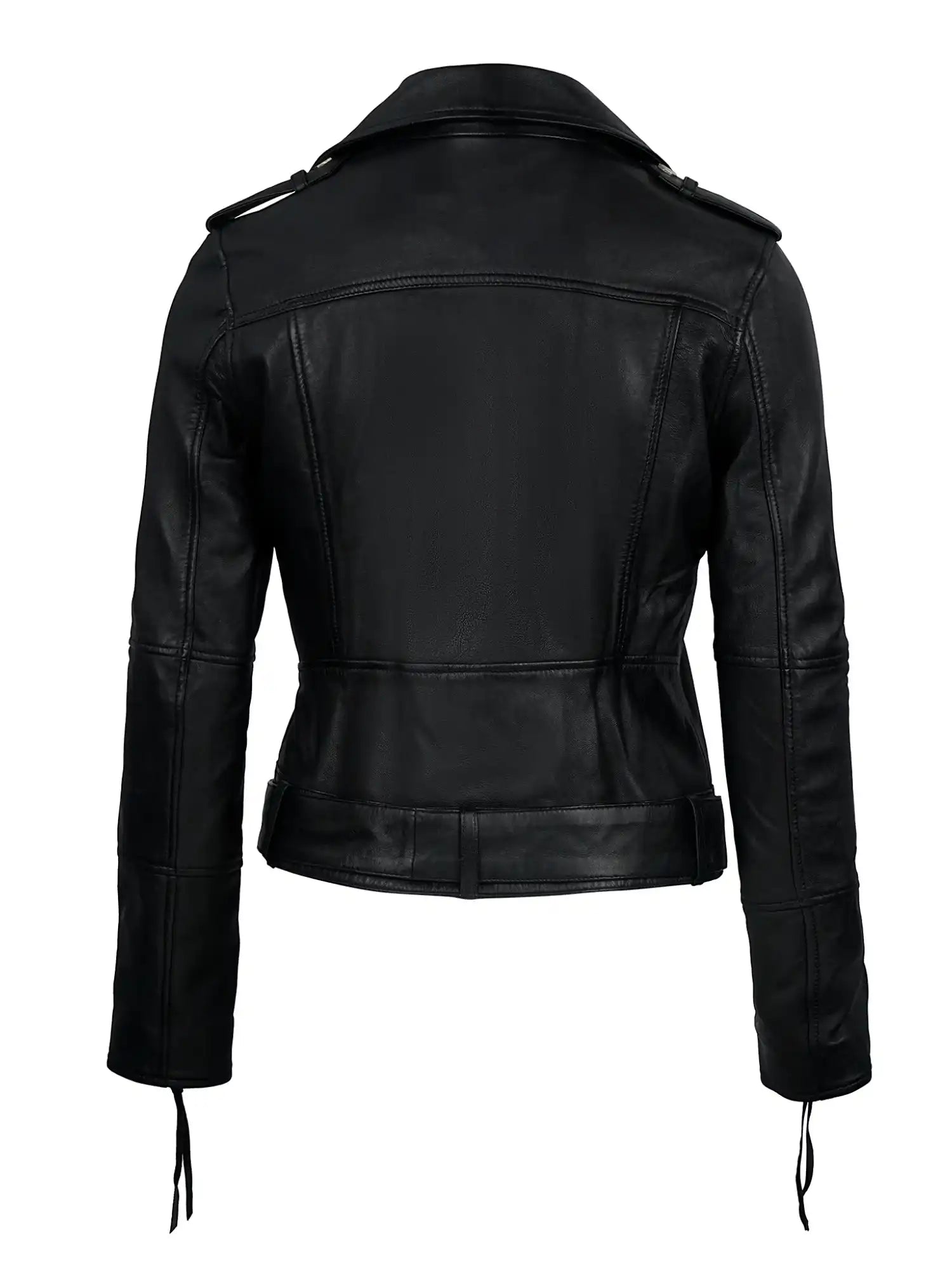 Die Milena Lederjacke mit Gürtel von trueprodigy wird von hinten gezeigt - sie besticht durch klassische Kragen, Schulter-Epauletten, lange Ärmel und eine taillierte Passform mit gestepptem Bund. Ein stilvolles Damenmodell.