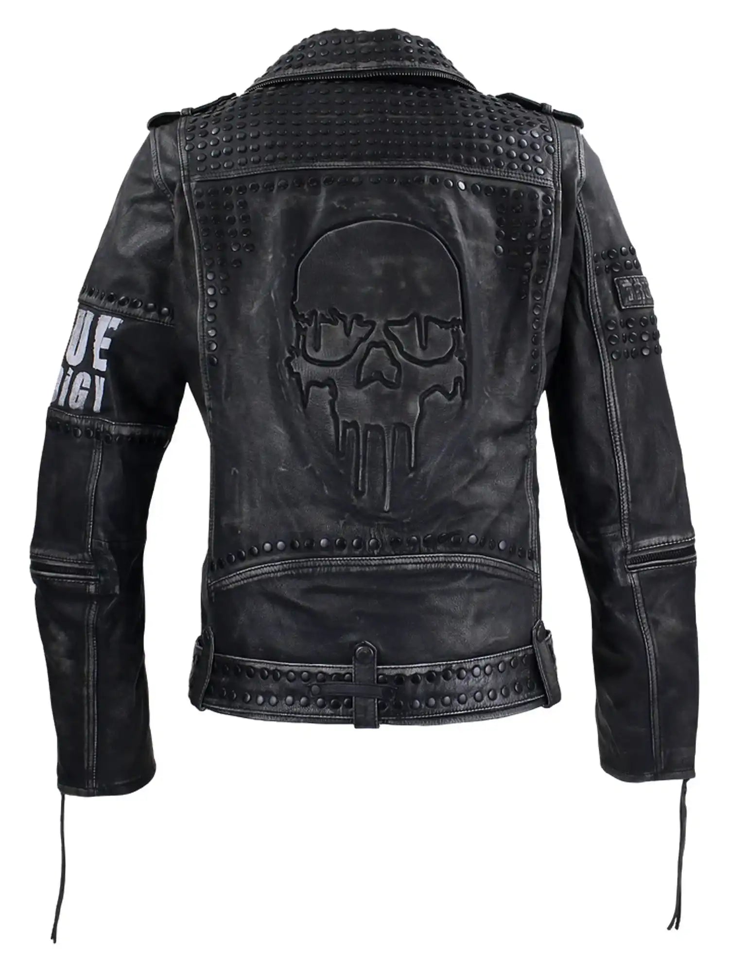 Die trueprodigy Biker Lederjacke Herren "Dwayne" überzeugt im Used-Look mit silbernen Nieten, großem Totenkopf hinten, Ziernähten und teils sichtbarem weißem Print am Ärmel - ideal für markante Styles.