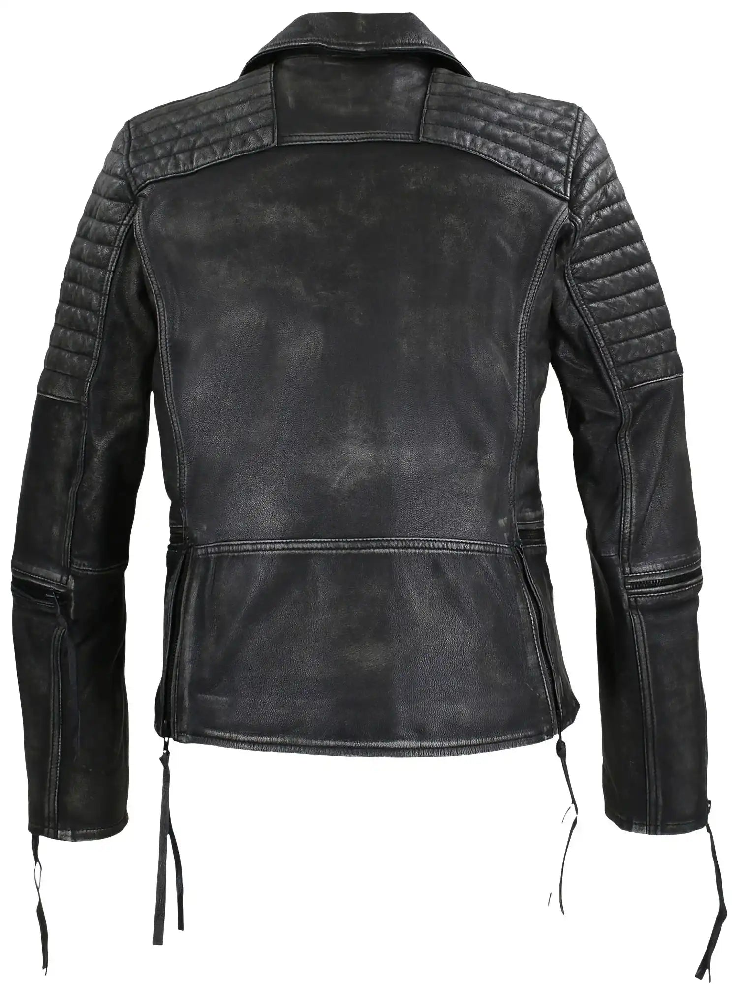 Die Vintage Biker Lederjacke Herren "Bryan" von trueprodigy aus Ziegenleder zeigt Steppung an Schultern und Oberarmen, markante Nähte und lange Reißverschlüsse im modernen Biker-Stil, fotografiert von hinten.