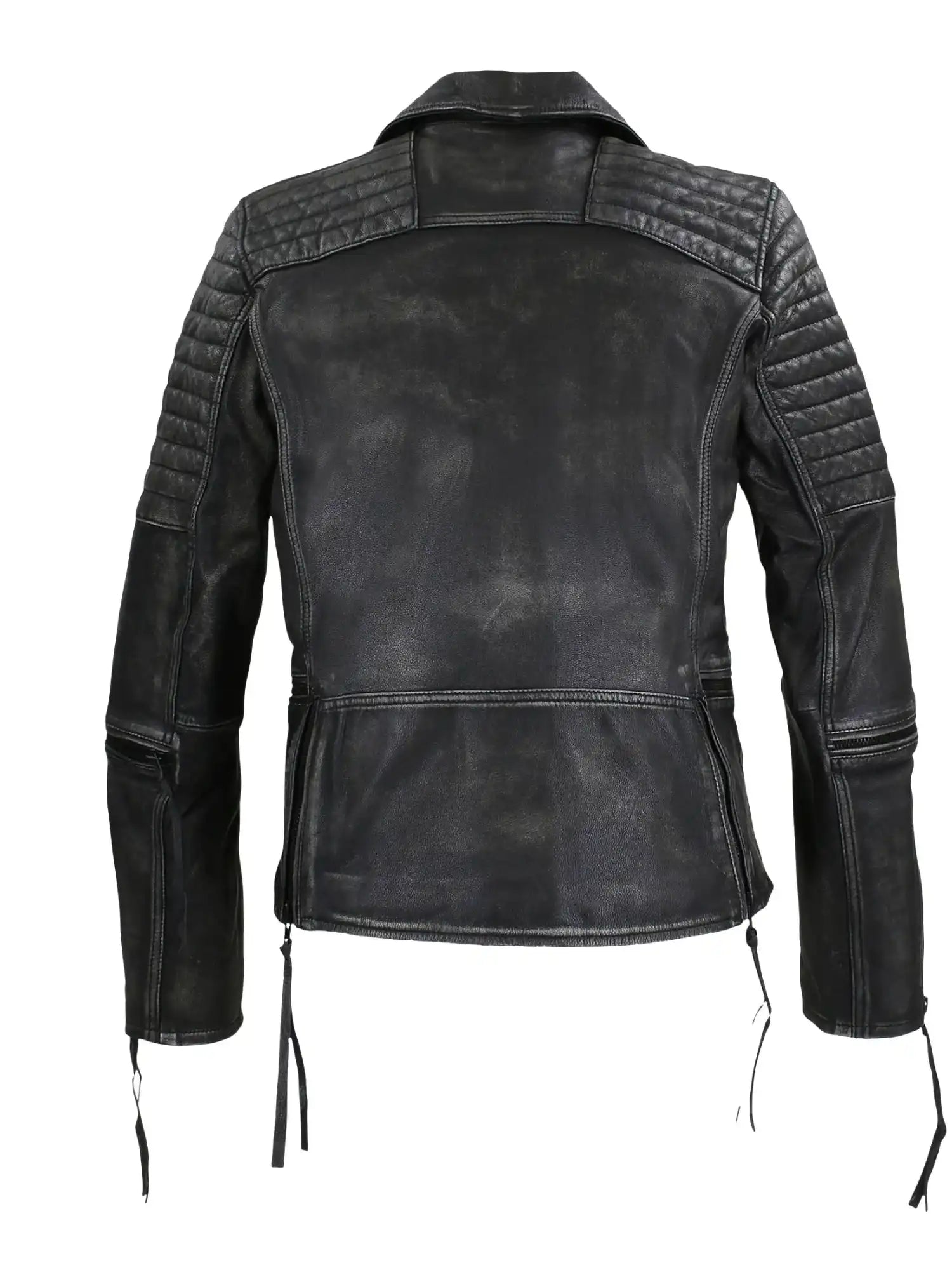 Die Bryan Lederjacke mit Vintage Optik von trueprodigy aus schwarzem Ziegenleder zeigt sich im klassischen Biker-Stil mit gesteppten Schultern, zwei Reißverschlüssen an jedem Ärmel und geradem Saum mit verstellbaren Seitenriemen.