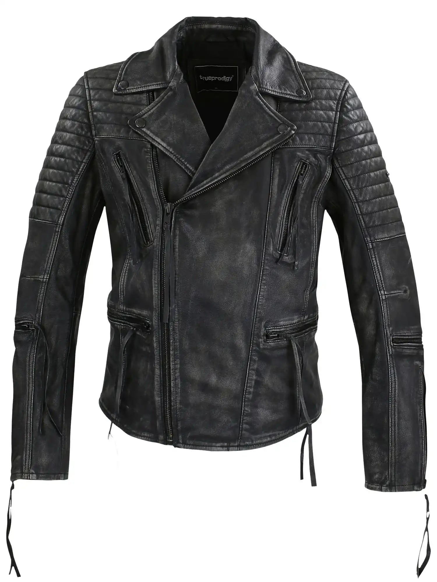 Die Vintage Biker Lederjacke Herren "Bryan" von trueprodigy ist schwarz, aus Ziegenleder, mit Steppung an Schultern und Oberarmen, Zippern an Brust und Ärmeln sowie einem Reverskragen. Sie hat eine leicht abgenutzte Vintage-Optik.