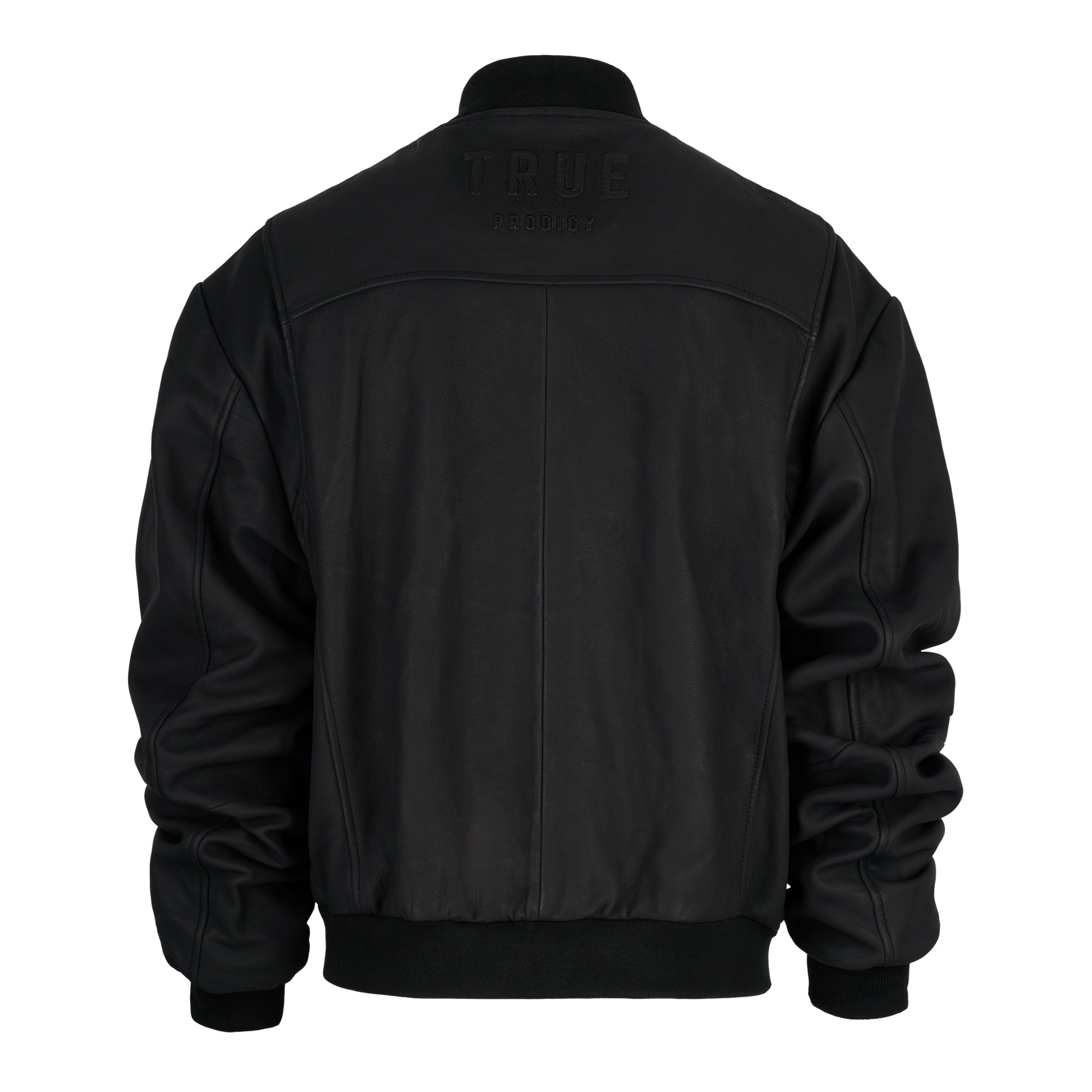 Die trueprodigy Bomber Lederjacke Herren "Nazar" im Oversize-Stil zeigt sich von hinten, mit Steppdetails, Rippbündchen an Ärmeln und Bund und TRUE-Prägung in der oberen Mitte.