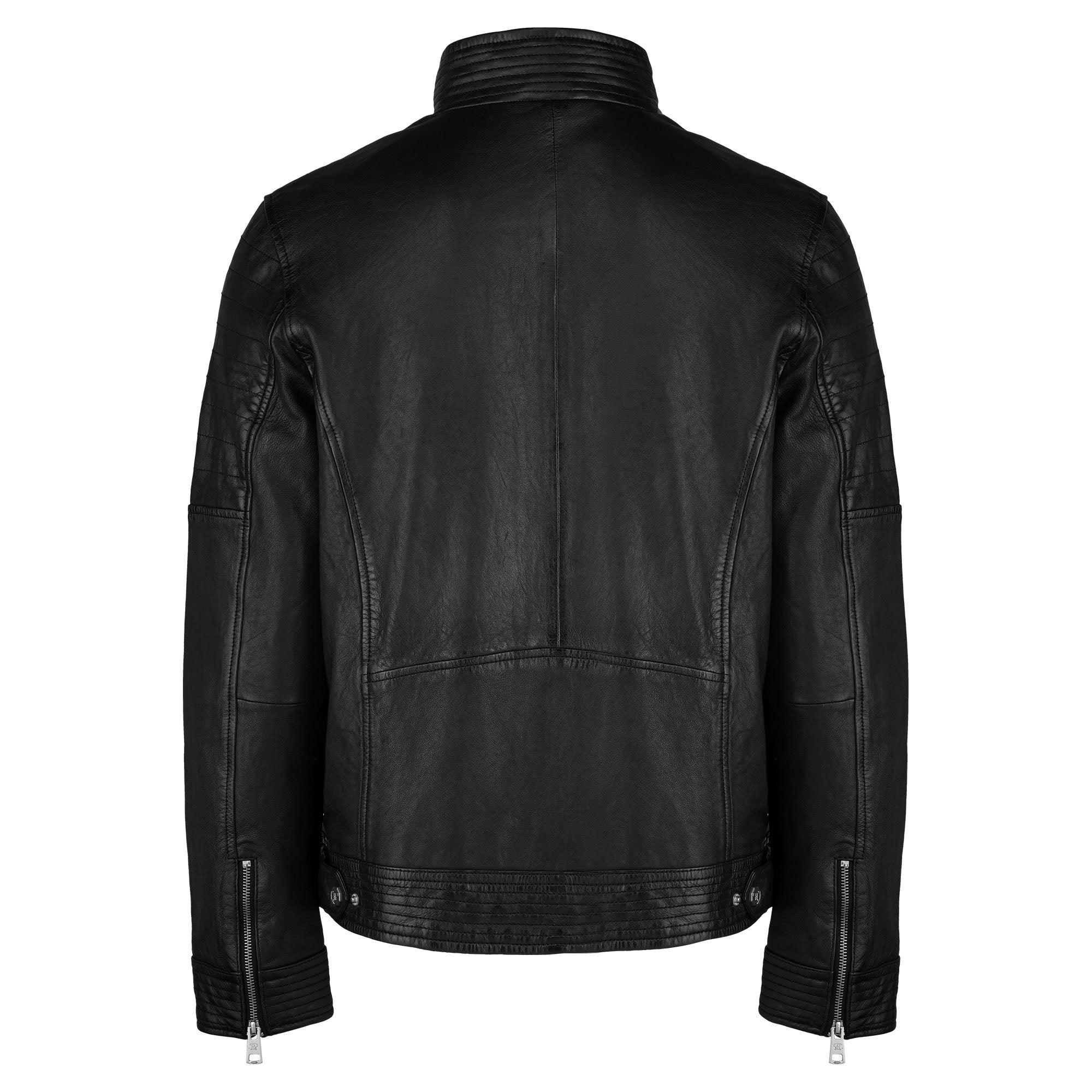 Die trueprodigy Herren Lederjacke aus Schafsleder in Schwarz mit klassischem Blouson-Schnitt ist rückseitig zu sehen und besticht durch Stehkragen, sichtbare Nähte, Reißverschluss-Ärmel und taillierbare Knopfverschlüsse.