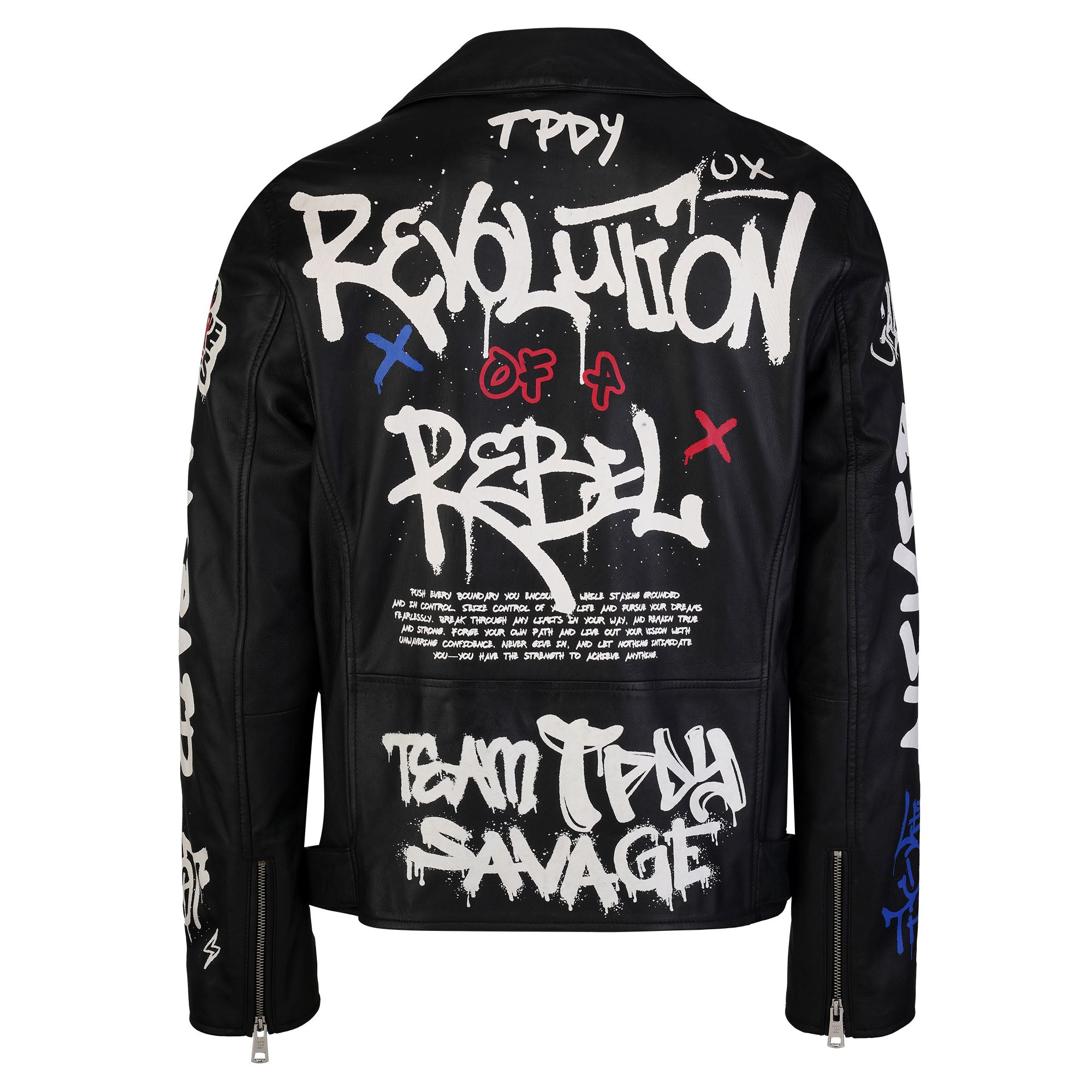 Die trueprodigy Herren Lederjacke aus Schafsleder in Schwarz mit Graffiti-Prints besticht mit weißem "Revolution of a Rebel, Team TPDY Savage"-Schriftzug und blauen sowie roten Ärmelakzenten - ein urbanes Statement-Piece.