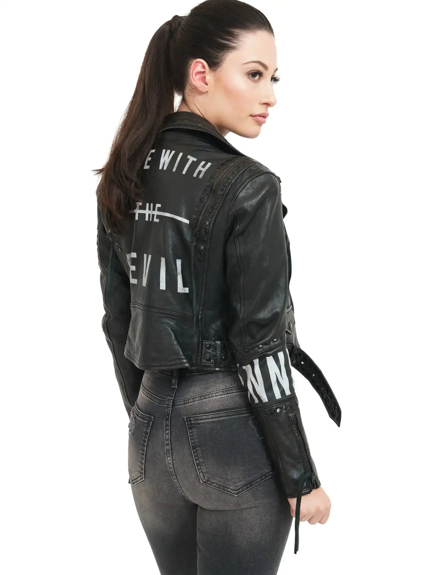Biker Lederjacke Ava für Damen Schwarz mit Nieten & Print