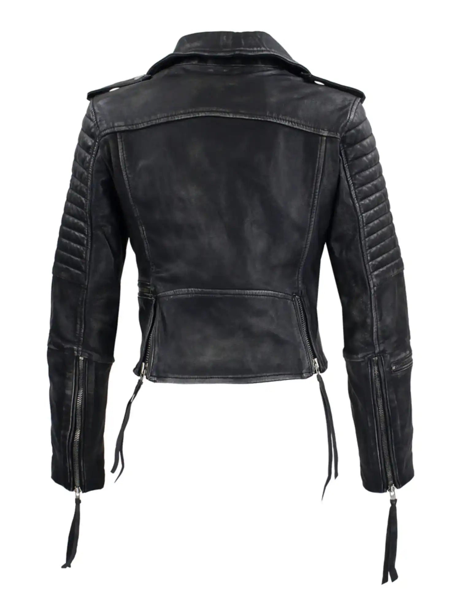 Die trueprodigy Avril Bikerlederjacke in Vintage Optik zeigt sich von hinten, mit gesteppten Ärmeln, Schulterklappen und langen Reißverschlüssen an den Bündchen und Seiten für den klassischen Biker-Style.