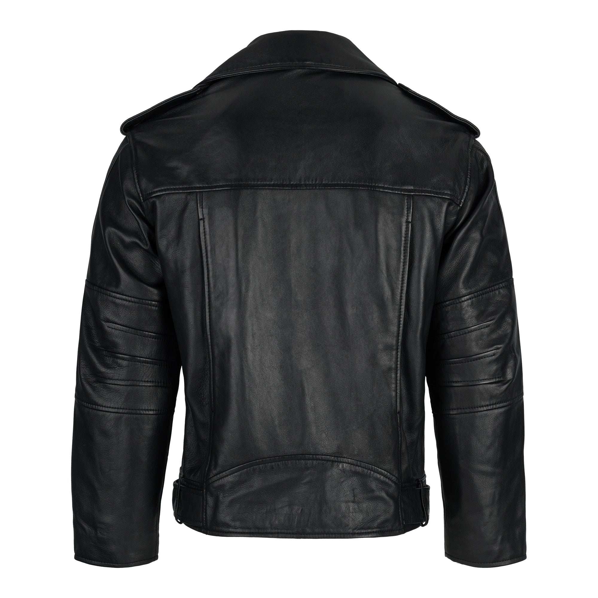 Die schwarze Dua Lange Bikerlederjacke in Übergröße von trueprodigy zeigt sich von hinten und hat ein strukturiertes Design mit sichtbaren Nähten, einen geraden Saum, lange Ärmel und einen breiten Kragen.