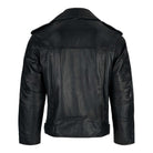 Eine lange, übergroße schwarze Bikerlederjacke von trueprodigy wird von hinten gezeigt. Die Schafslederjacke hat einen Kragen, abgesteppte Einsätze, lange Ärmel und Nahtdetails an der taillierten Taille und am unteren Saum.