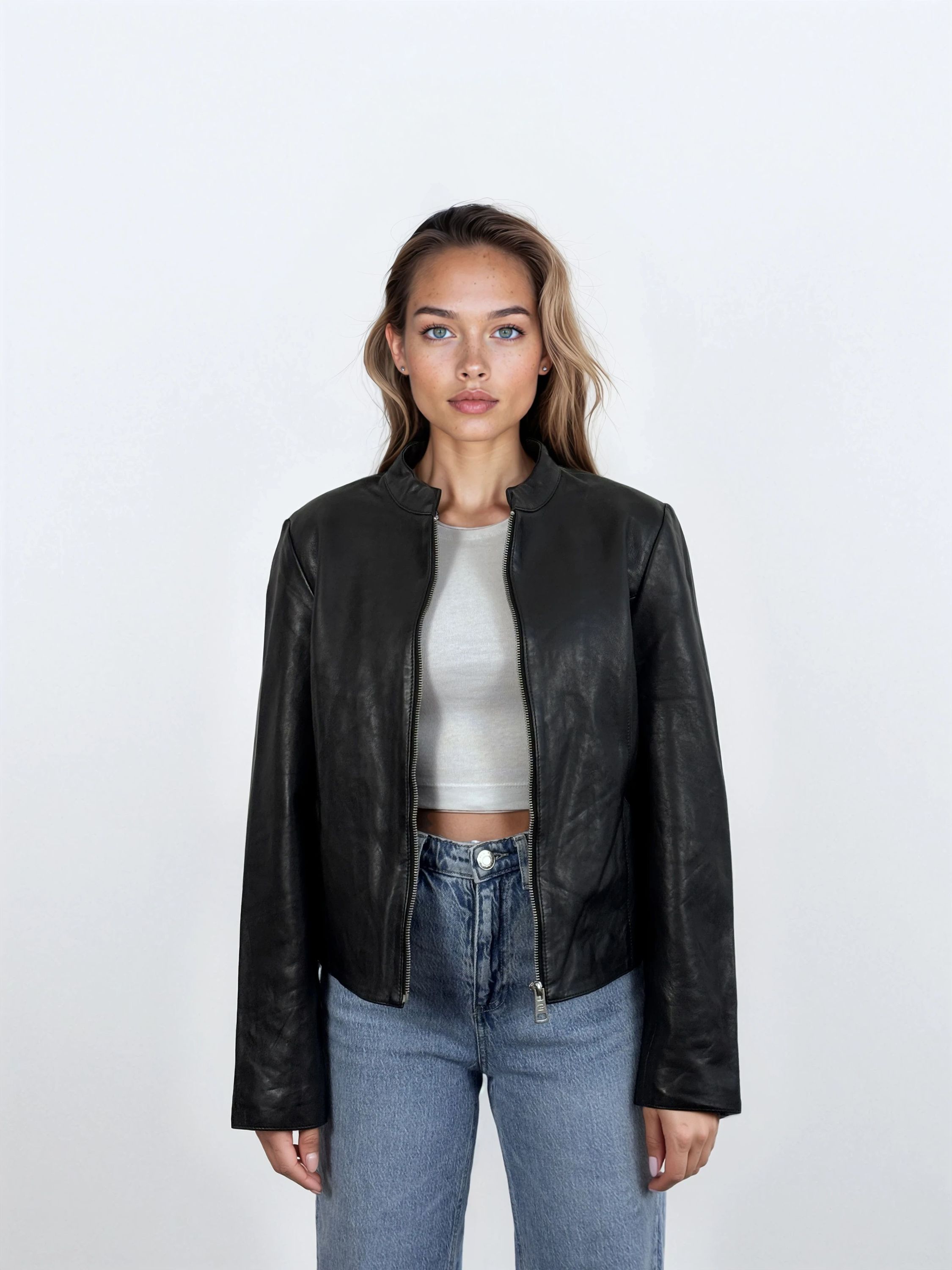 Eine Frau mit langem, gewelltem Haar und neutralem Gesichtsausdruck trägt die trueprodigy Damen Lederjacke aus Schafsleder in Schwarz mit minimalistischem Design über einem hellgrauen Crop-Top und blauen Jeans vor einem schlichten weißen Hintergrund.