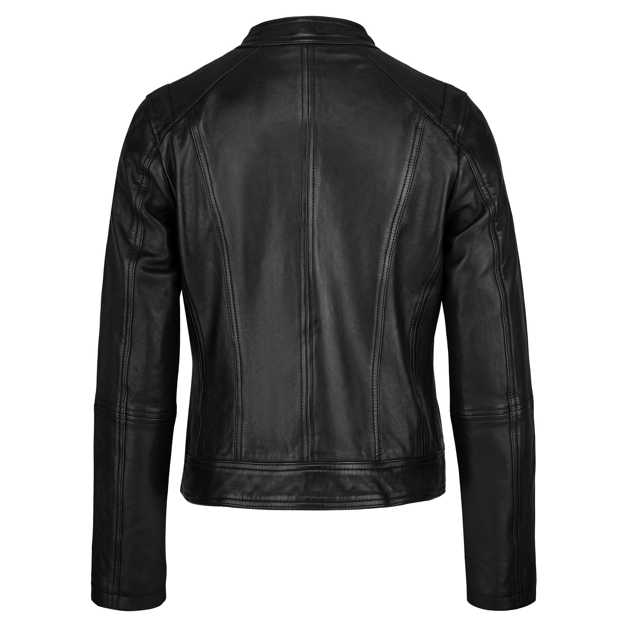 Die trueprodigy Damen Lederjacke aus Schafsleder in Schwarz im modernen Café-Racer-Stil wird von hinten gezeigt und besticht durch Nahtdetails an Schultern, Ärmeln und Rücken, Langarm-Design und einen geraden Saum für eine feminine Silhouette.