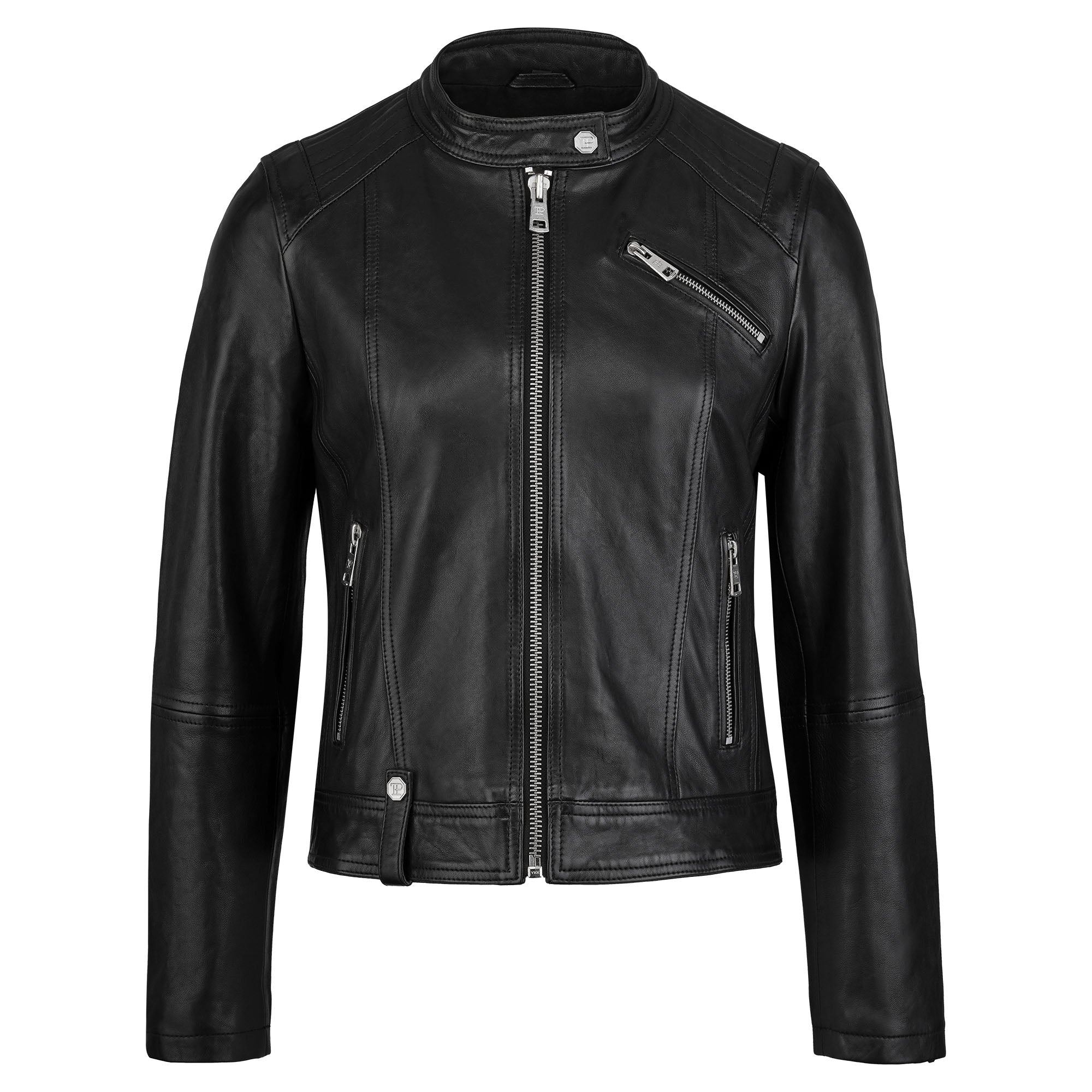 Die trueprodigy Damen Lederjacke aus Schafsleder in Schwarz im modernen Café-Racer-Stil überzeugt mit Frontreißverschluss, zwei Seiten- und einer Brusttasche mit Reißverschluss, Druckknopfkragen und tailliertem Schnitt.