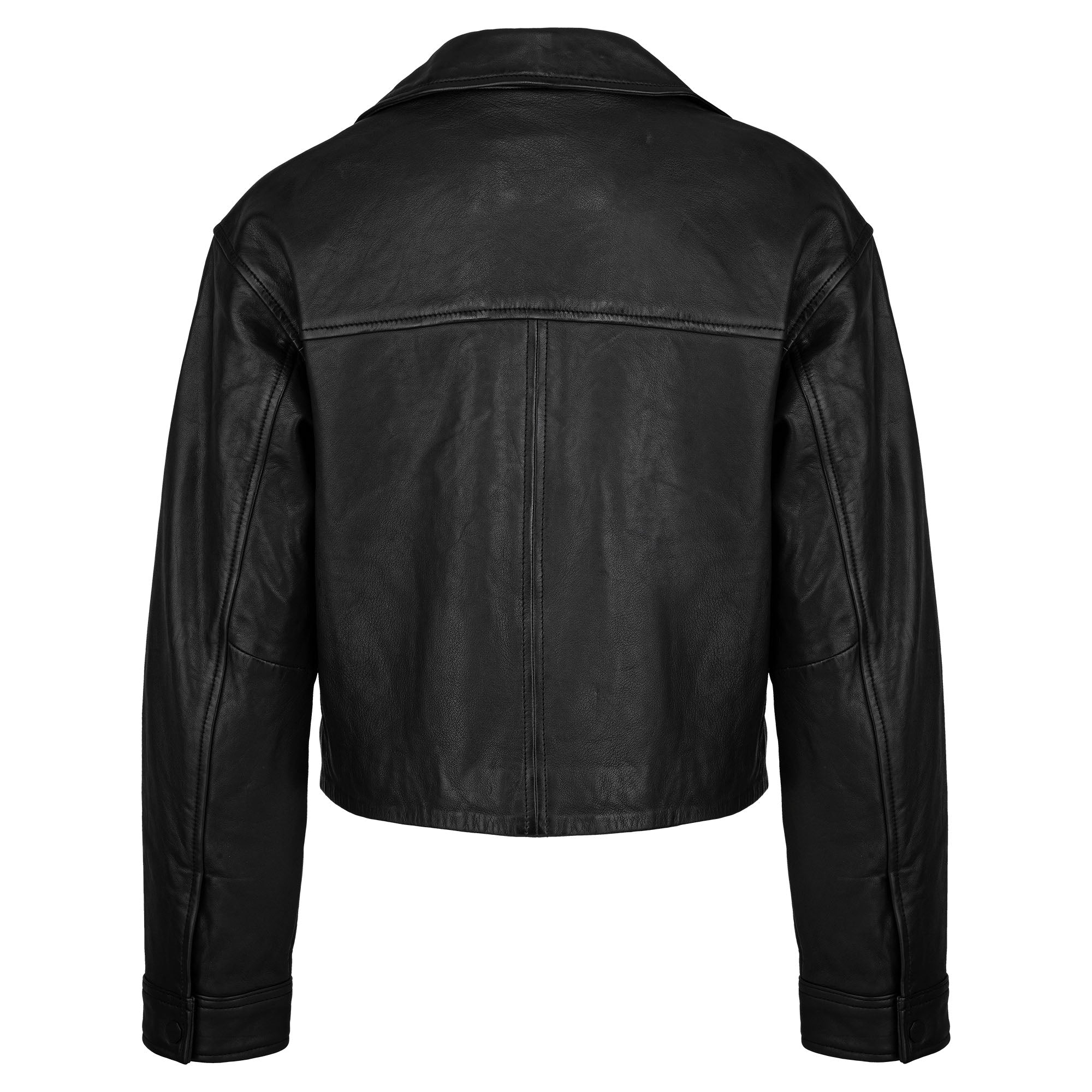 Eine Damen Lederjacke aus Schafsleder in Schwarz von trueprodigy wird von hinten gezeigt, mit geradem Rückenyoke, langen Ärmeln und sichtbaren Nähten. Die Oversized Cropped-Jacke besticht durch ihre glatte Oberfläche.