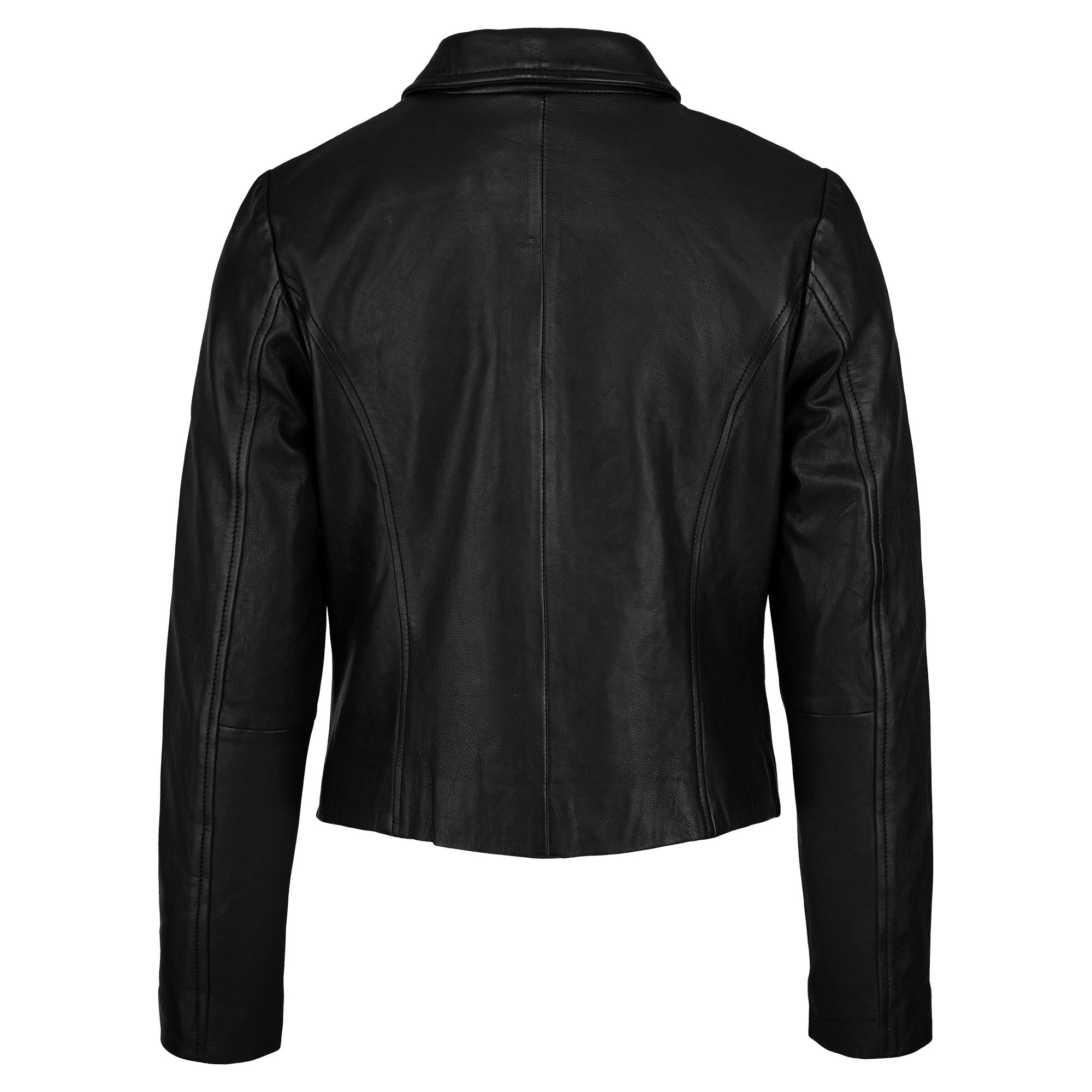Die Damen Lederjacke aus Schafsleder in Schwarz von trueprodigy zeigt sich im minimalistischen Blouson-Stil mit langen Ärmeln, kurzem Schnitt, schlichtem Kragen und sichtbaren vertikalen sowie horizontalen Nähten.