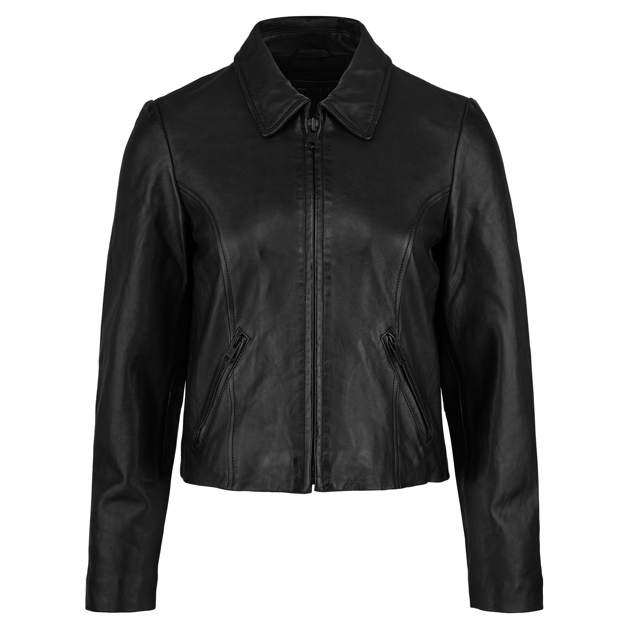 Die trueprodigy Damen Lederjacke aus Schafsleder in Schwarz überzeugt mit minimalistischem Design, Blouson-Stil, Frontreißverschluss, zwei seitlichen Ziptaschen, klassischem Kragen und langen Ärmeln - präsentiert vor weißem Hintergrund.