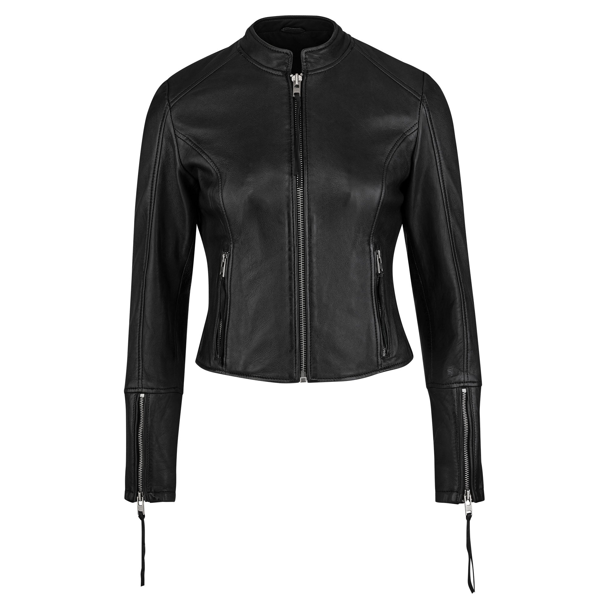 Die Damen Lederjacke aus Schafsleder in Schwarz von trueprodigy überzeugt im sportlichen Racing-Stil mit figurbetonter, kurzer, kragenloser Form, Frontreißverschluss sowie Zippern an den Bündchen.