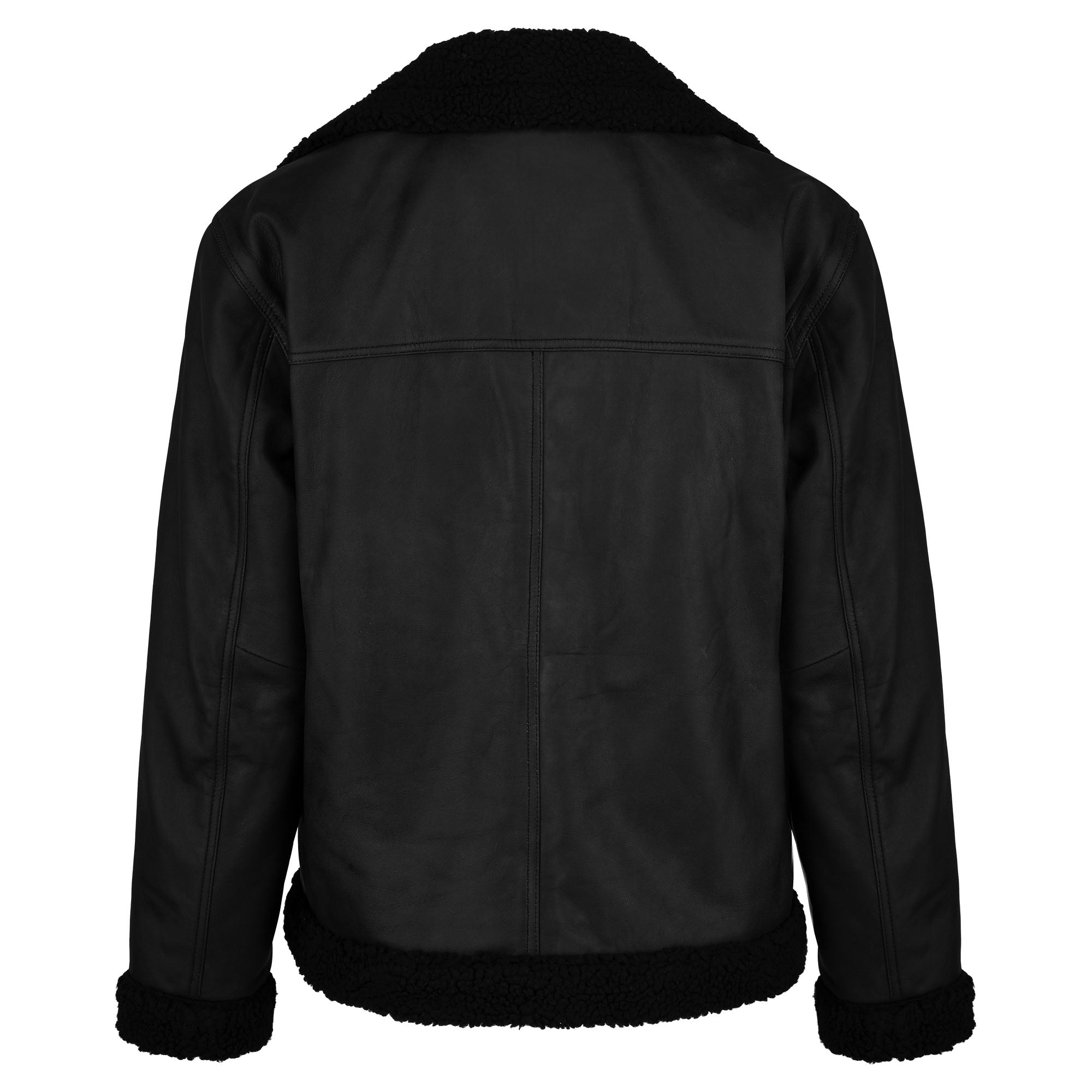 Die trueprodigy Damen Lederjacke aus Schafsleder in Schwarz mit Teddy-Besatz wird von hinten gezeigt, mit geradem Schulterbereich, sichtbaren Nähten und strukturiertem Besatz an Kragen, Bündchen und Saum.