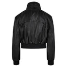 Die trueprodigy Feminine Lederjacke Stehkragen und Reißverschluss zeigt sich von hinten in schwarzem Schafsleder, mit hohem Kragen, geraffter Taille, gerippten Bündchen und Saum, sichtbaren Nahtdetails und einem glatten, leicht glänzenden Finish.